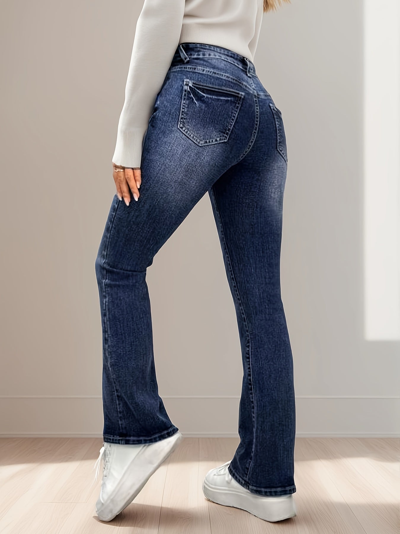 Fleece Liner Washed Bootcut Jeans, Slant Pockets High Stretch Denim Pants, Women's Denim Jeans & Clothing