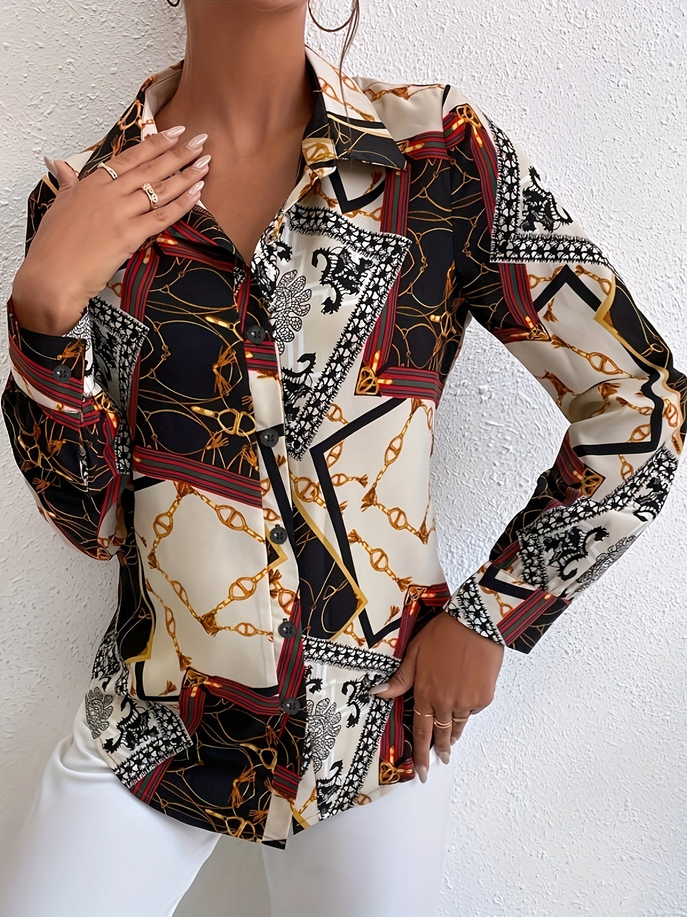 gbolsos Chain Print V-neck Loose Lapel Blouses, Casual Button Down Long Sleeve Fashion Shirts Tops, Women's Clothing