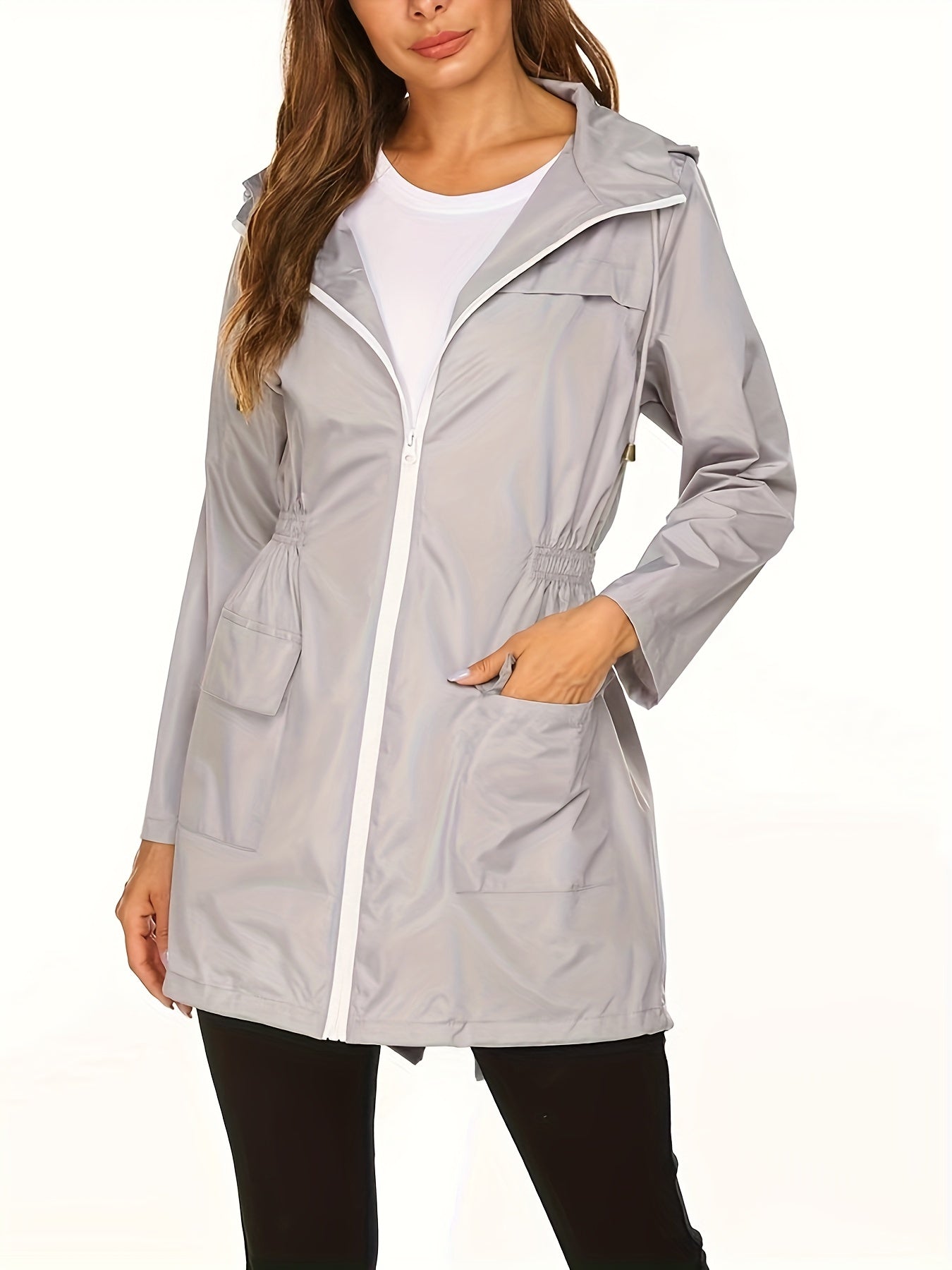 Plus Size Casual Coat, Women's Plus Solid Long Sleeve Zipper Hooded Drawstring Nipped Waist Tunic Jacket With Pockets