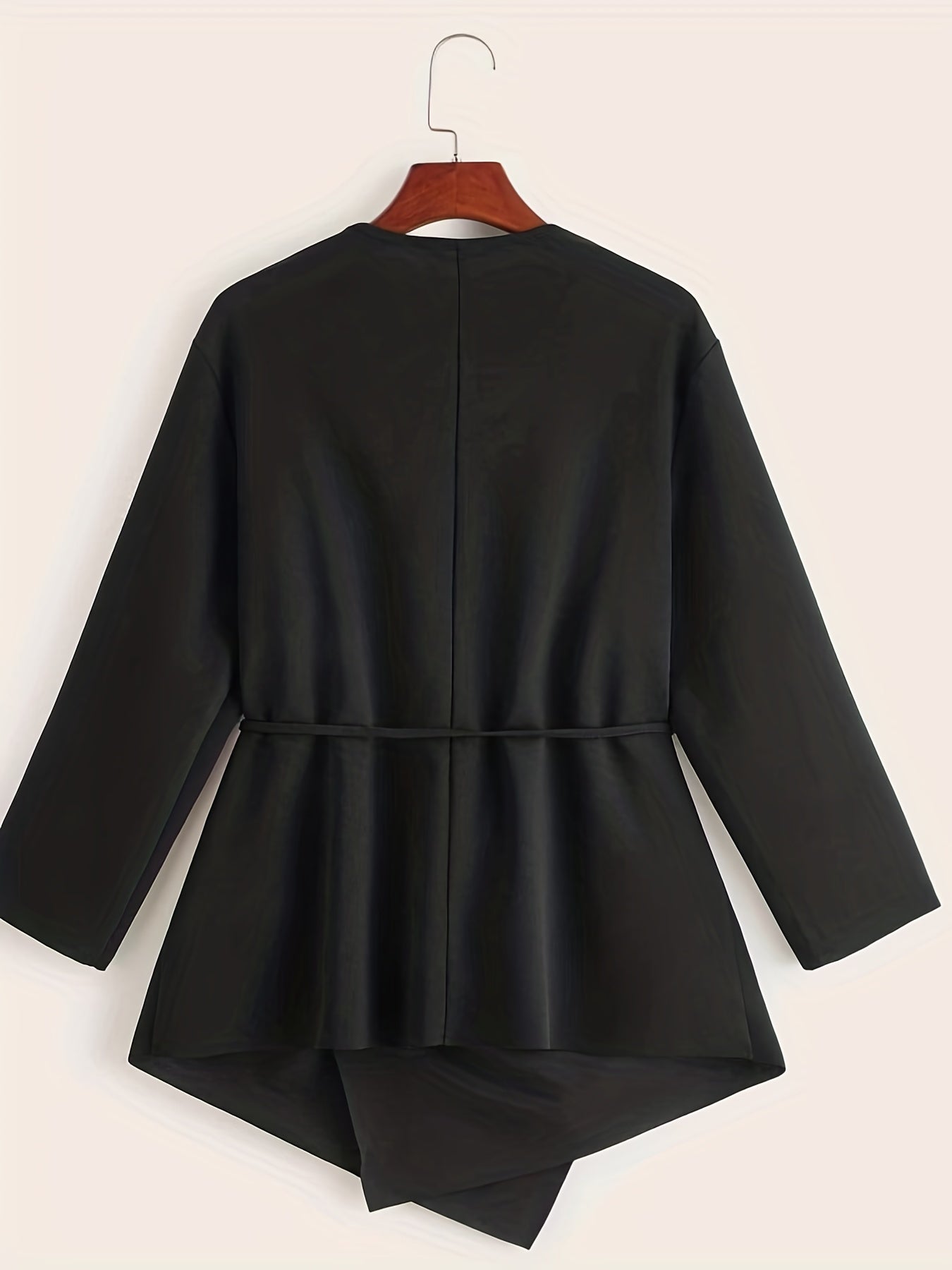 Plus Size Casual Coat, Women's Plus Solid Long Sleeve Waterfall Collar Asymmetric Hem Overcoat With Belt
