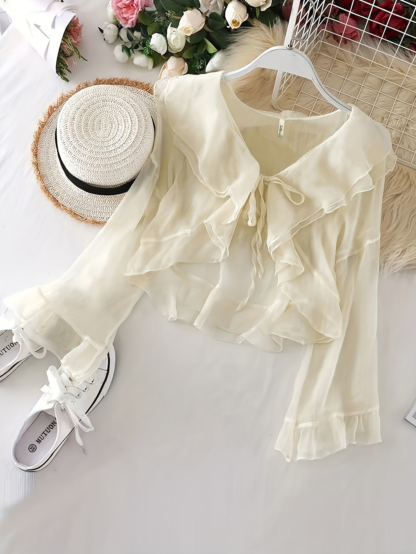 gbolsos Ruffle Layered Blouse, Elegant Tie Front Long Flared Sleeve Blouse, Women's Clothing