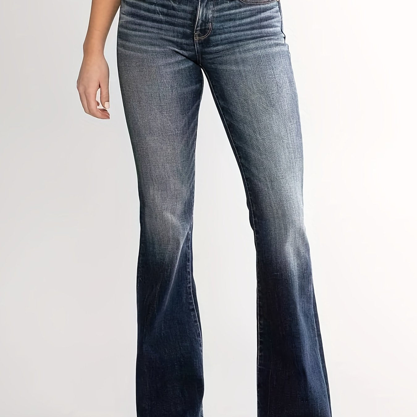 gbolsos Double Button Whiskering Flare Leg Jeans, Mid Waist Retro Faded Watter Tipple Embossed Denim Pants, Women's Denim Jeans & Clothing