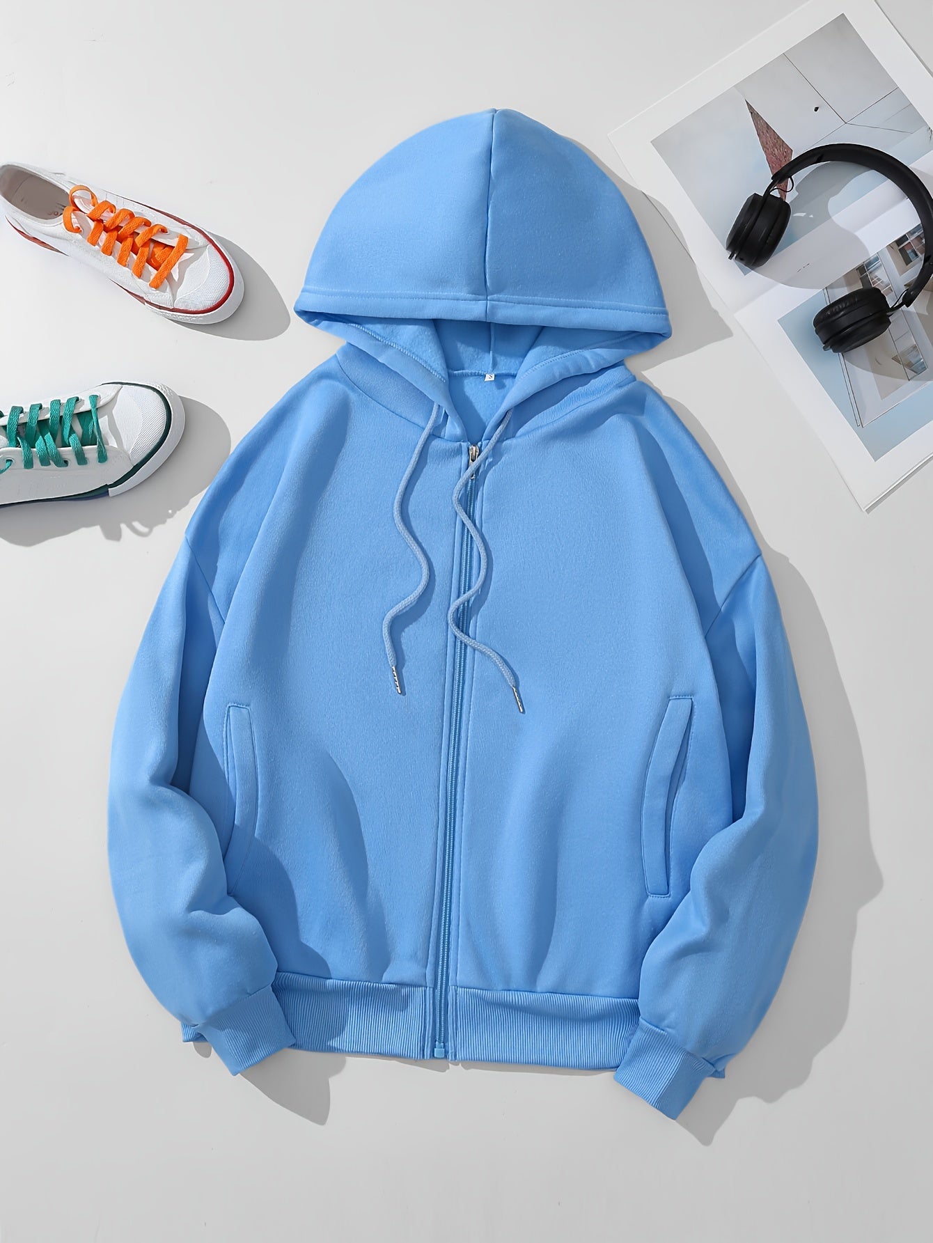 gbolsosSolid Zip Up Hoodie With Pocket, Drawstring Long Sleeves Active Hooded Sweatshirt