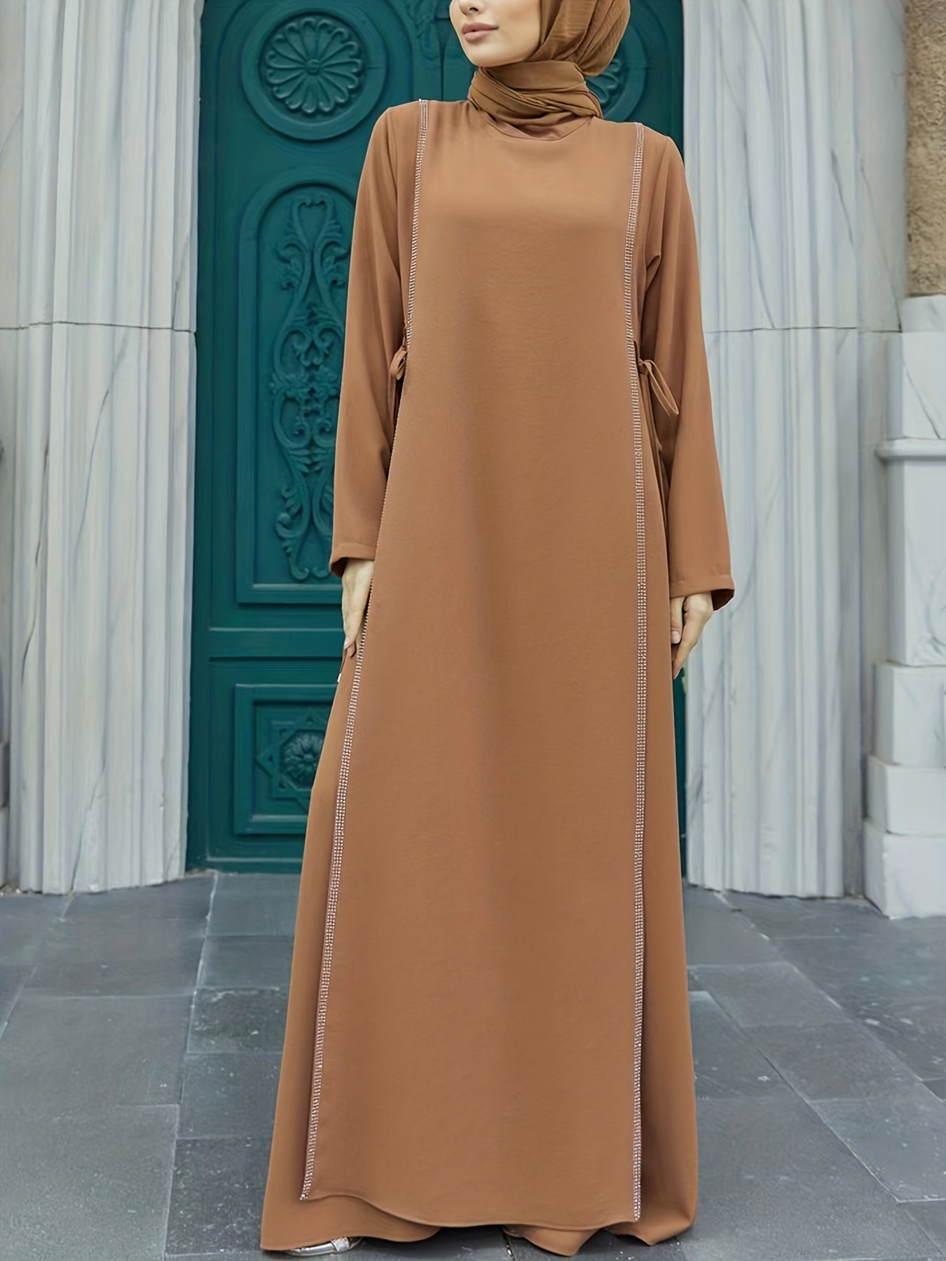 Rhinestone Kaftan Dress, Casual Long Sleeve High Collar Solid Dress, Women's Clothing