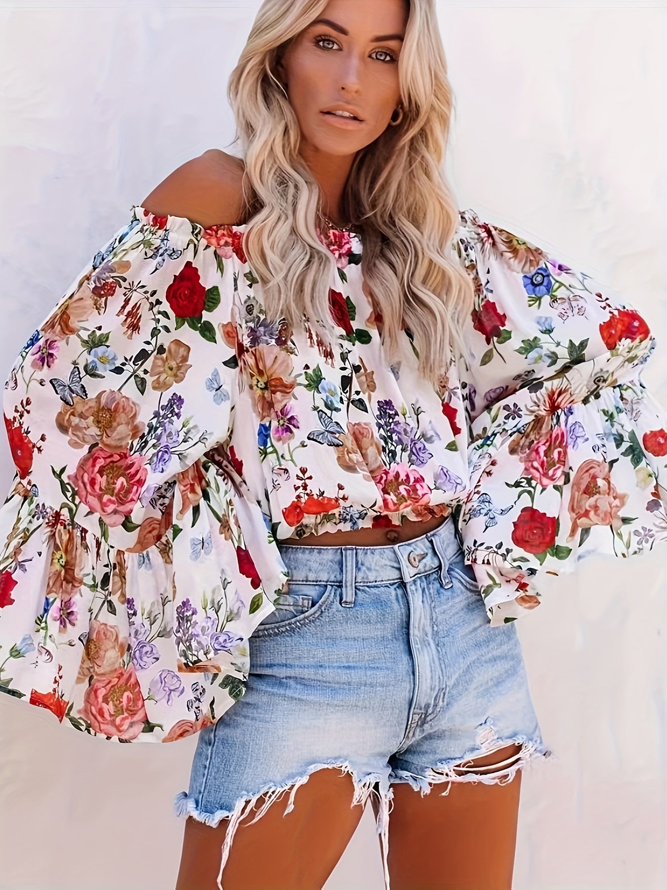 gbolsos Vintage Floral Print Blouse, Vacation Off Shoulder Flared Sleeve Blouse, Women's Clothing