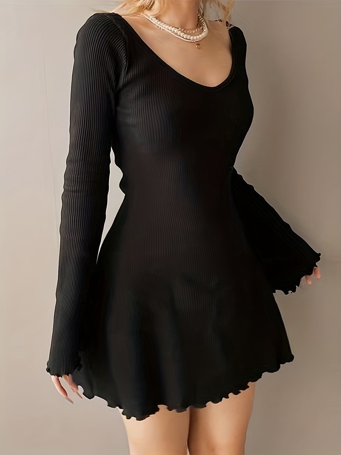 gbolsos Lettuce Trim Solid Dress, Elegant Crew Neck Long Sleeve Dress, Women's Clothing