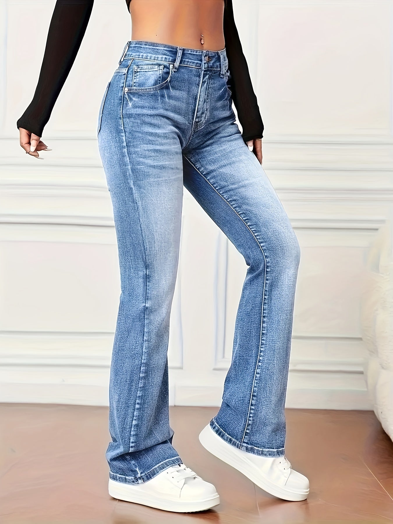 gbolsos Washed Mid-Stretch Bootcut Jeans, Slant Pockets Versatile Denim Pants, Women's Denim Jeans & Clothing