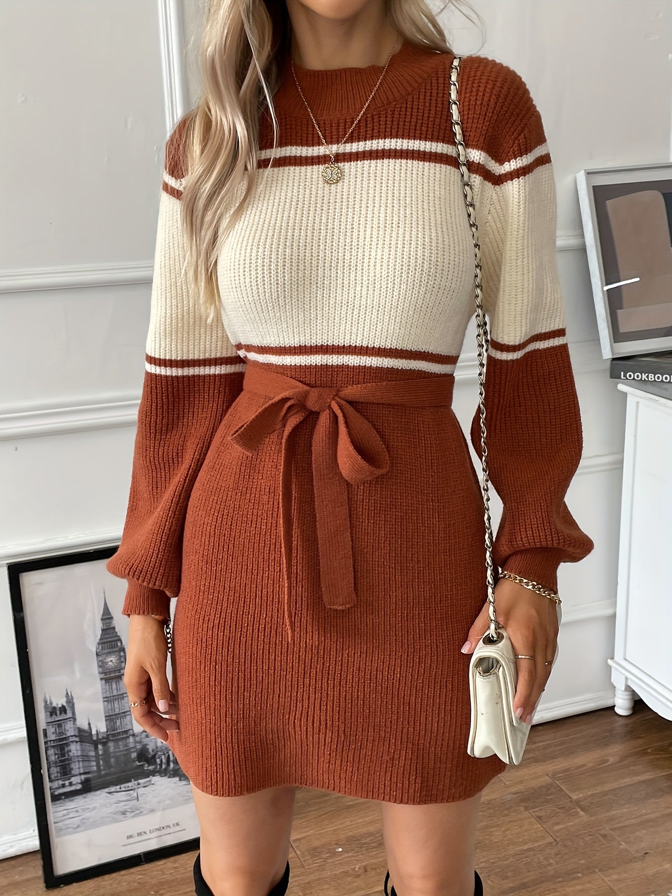Color Block Sweater Dress, Casual Long Sleeve Simple Dress, Women's Clothing