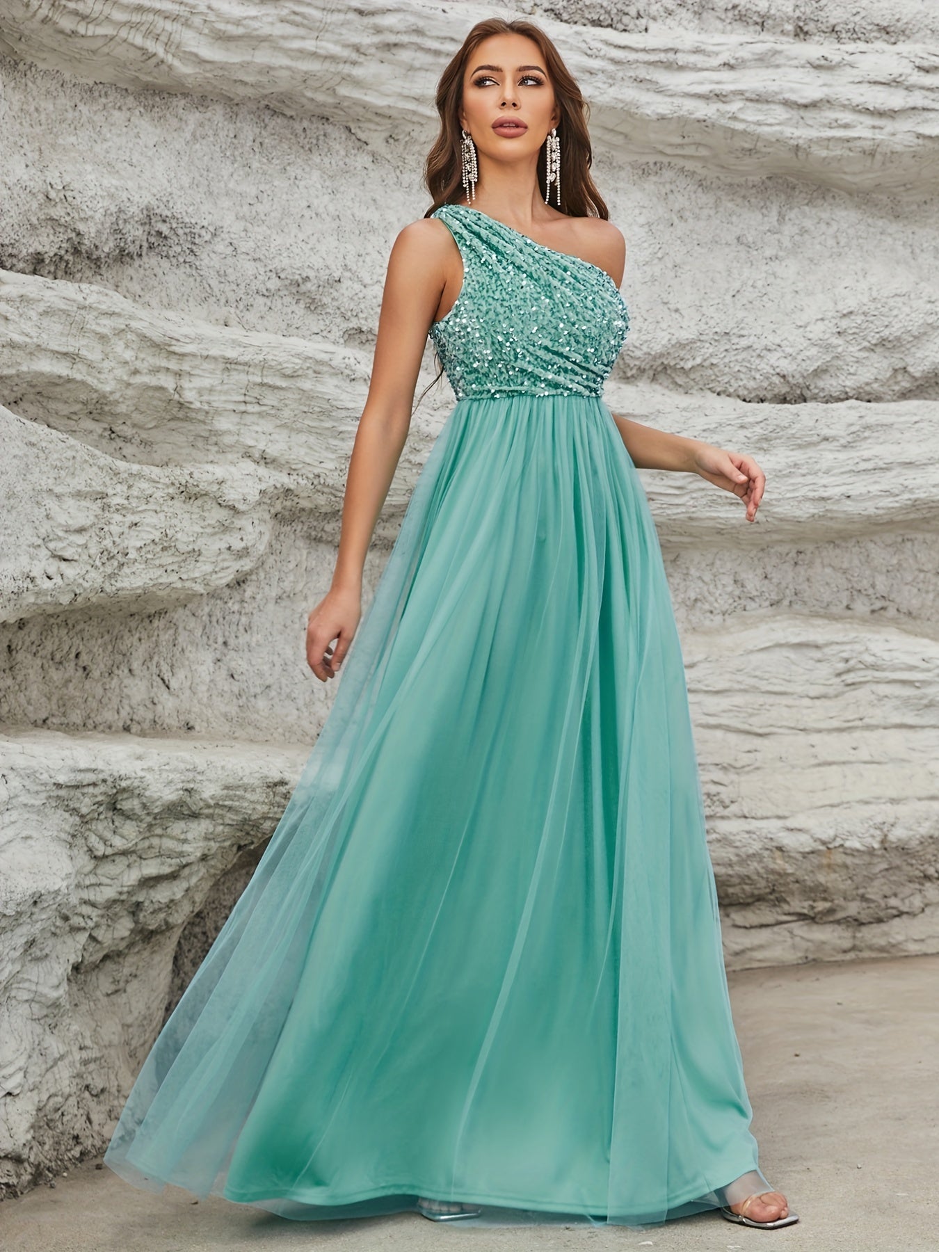 One Shoulder Sequin Dress, Elegant Sleeveless Dress For Party & Banquet, Women's Clothing