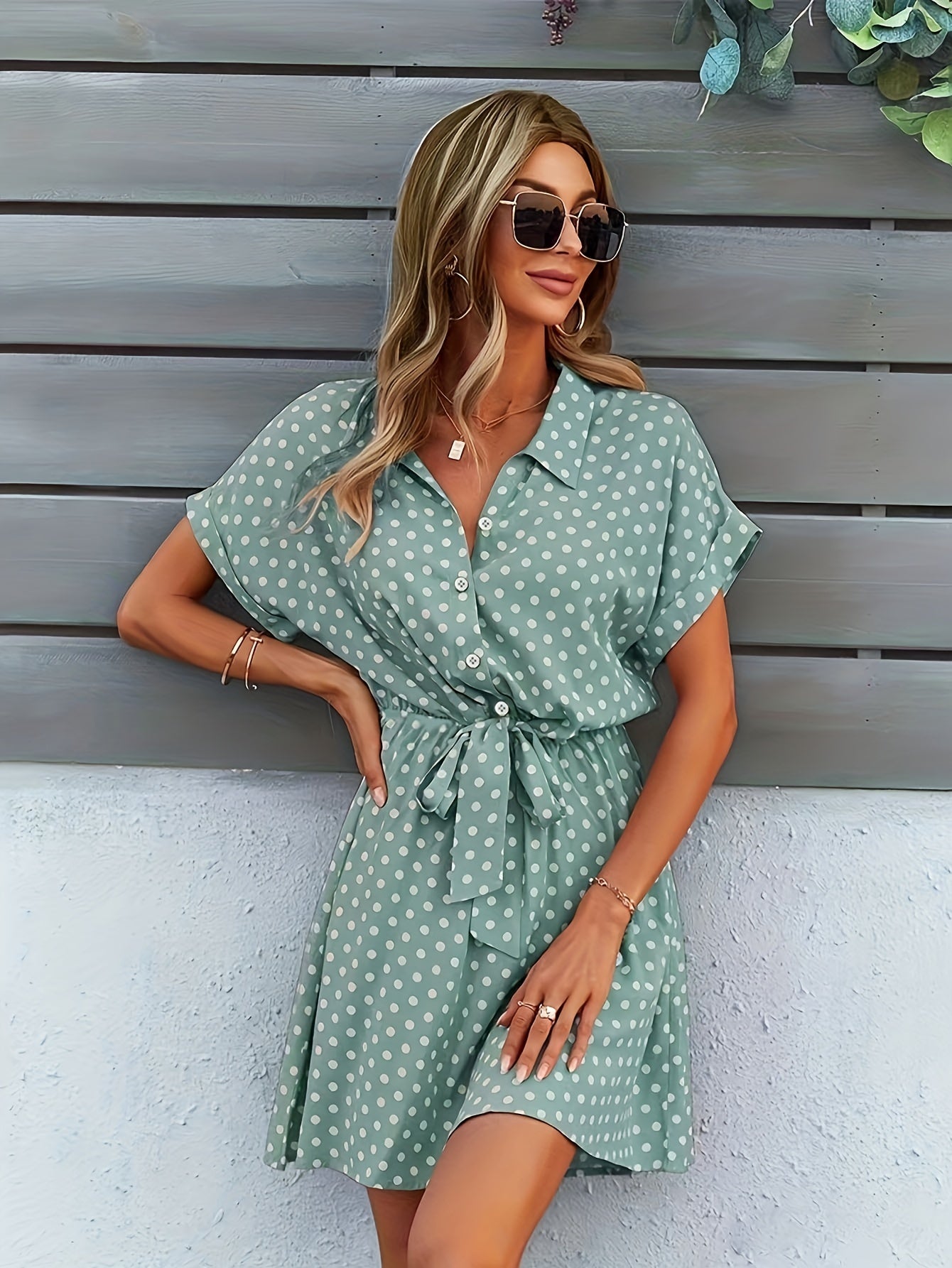 Polka-dot Button Front Dress, Vintage Tie Front Dress For Summer, Women's Clothing