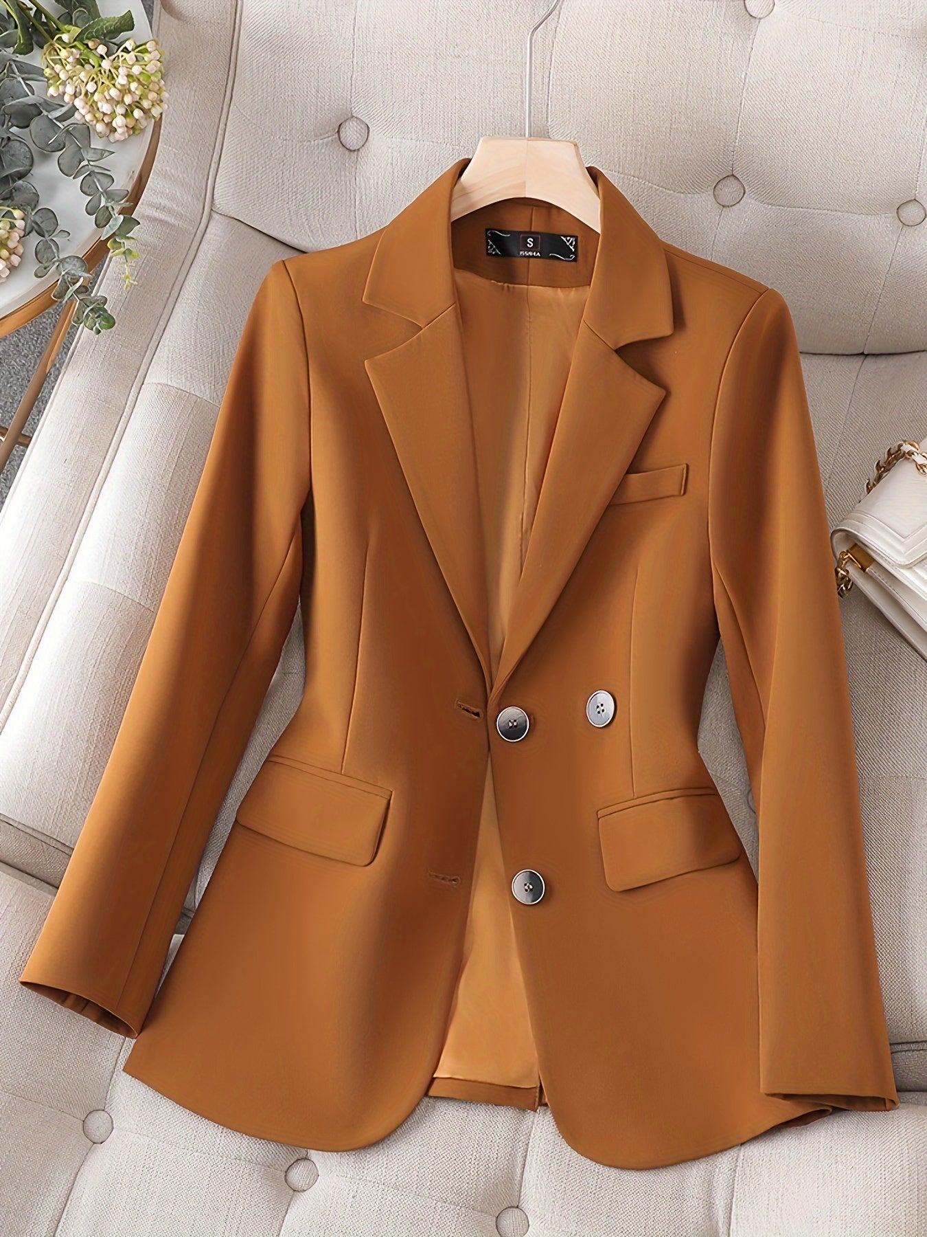 gbolsos Solid Color Open Front Blazer, Elegant Lapel Neck Double Breasted Long Sleeve Split Blazer For Every Day, Women's Clothing