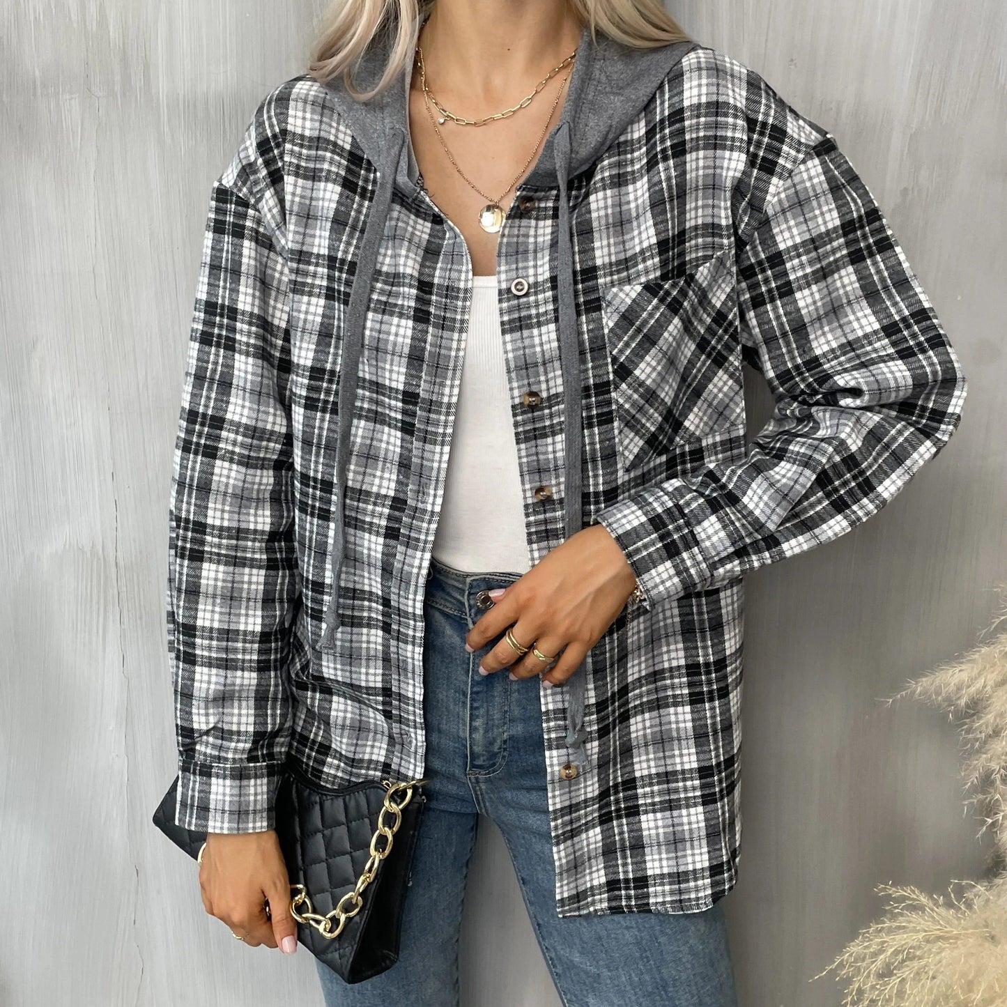 gbolsos Hooded Plaid Print Blouse, Casual Button Front Drawstring Long Sleeve Blouse, Women's Clothing