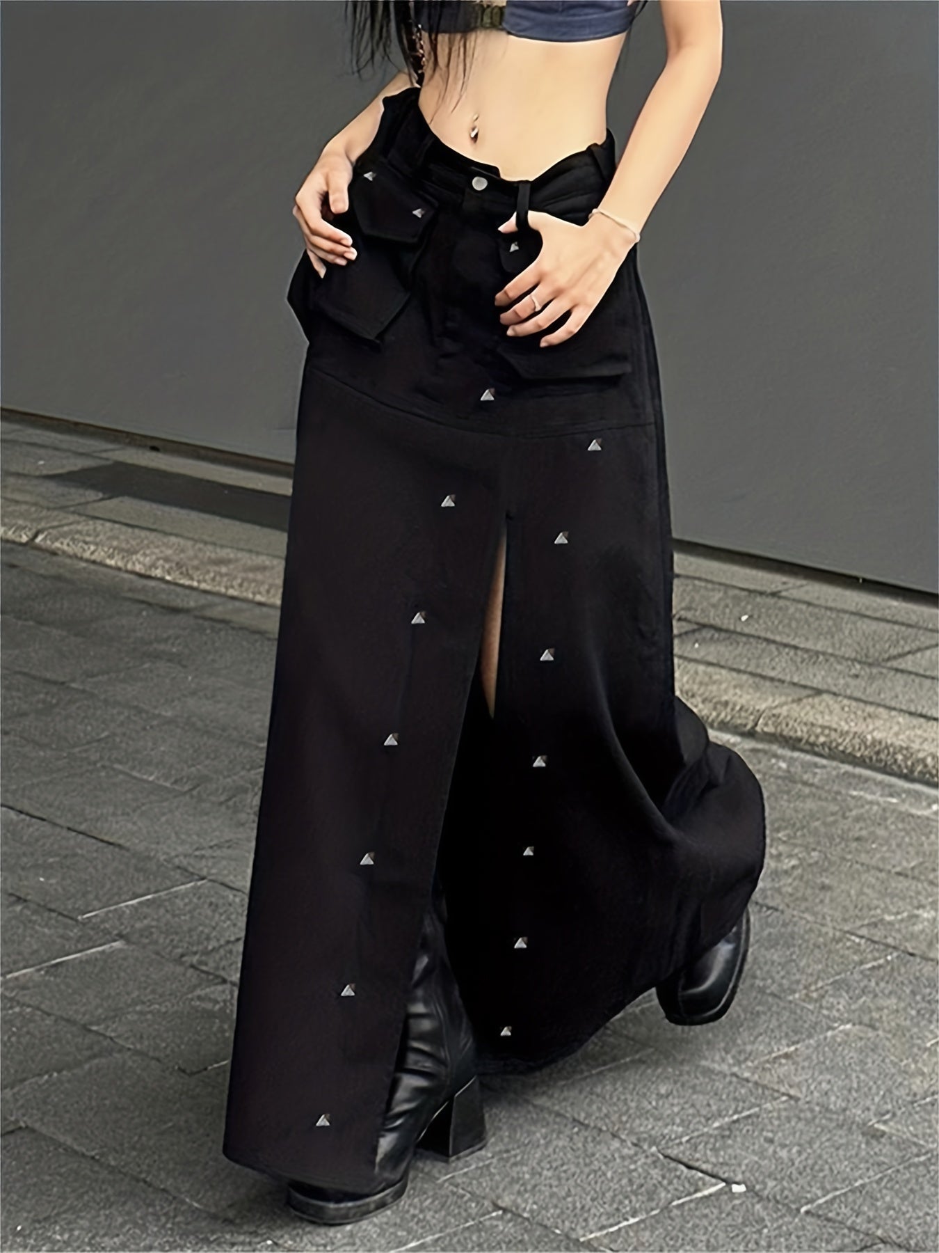 gbolsos Studded Flap Pocket Split Cargo Skirt, Y2K High Waist Loose Maxi Skirt, Women's Clothing