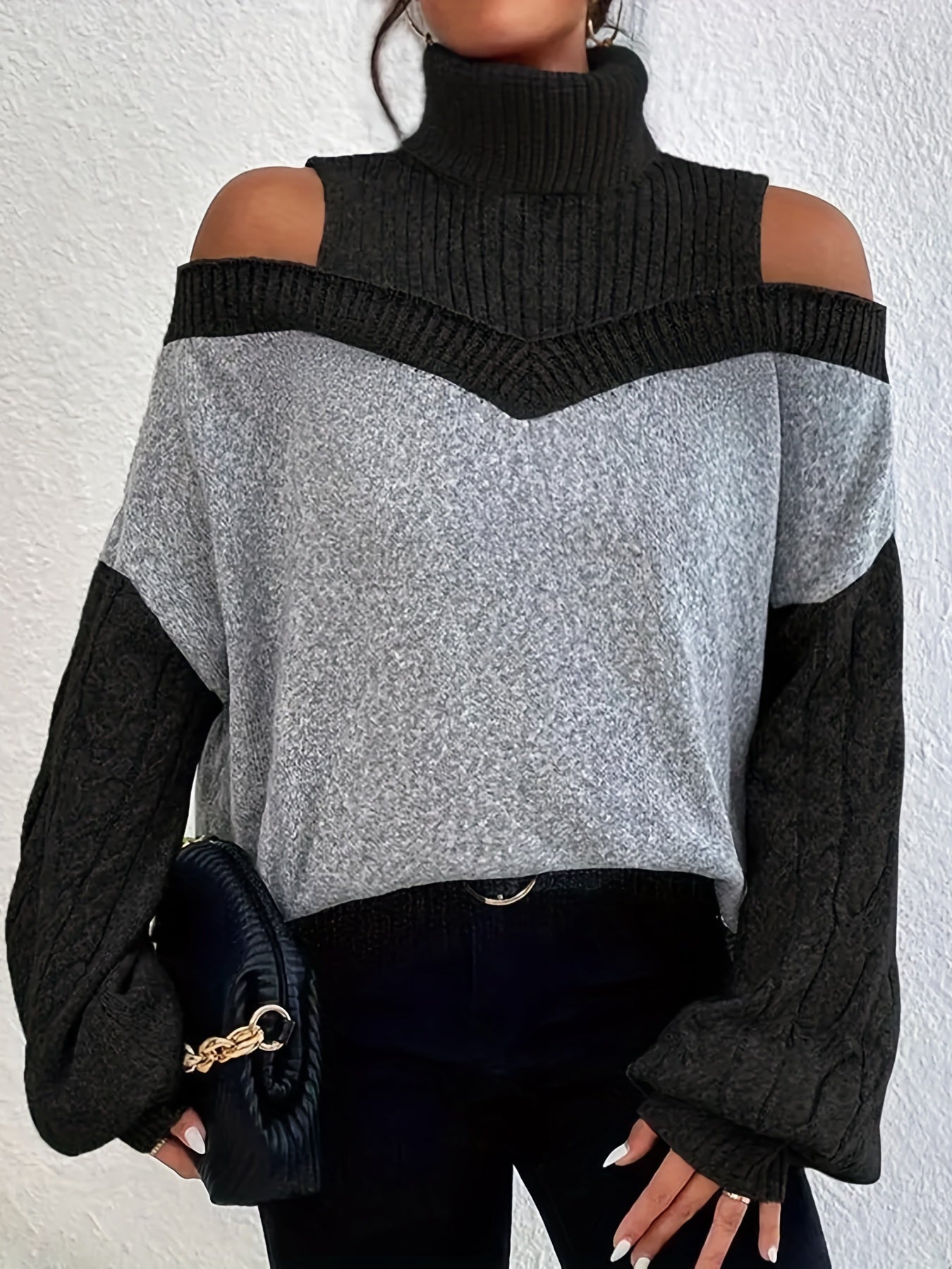 gbolsos Color Block Cold Shoulder Sweater, Elegant Turtleneck Lantern Sleeve Sweater, Women's Clothing