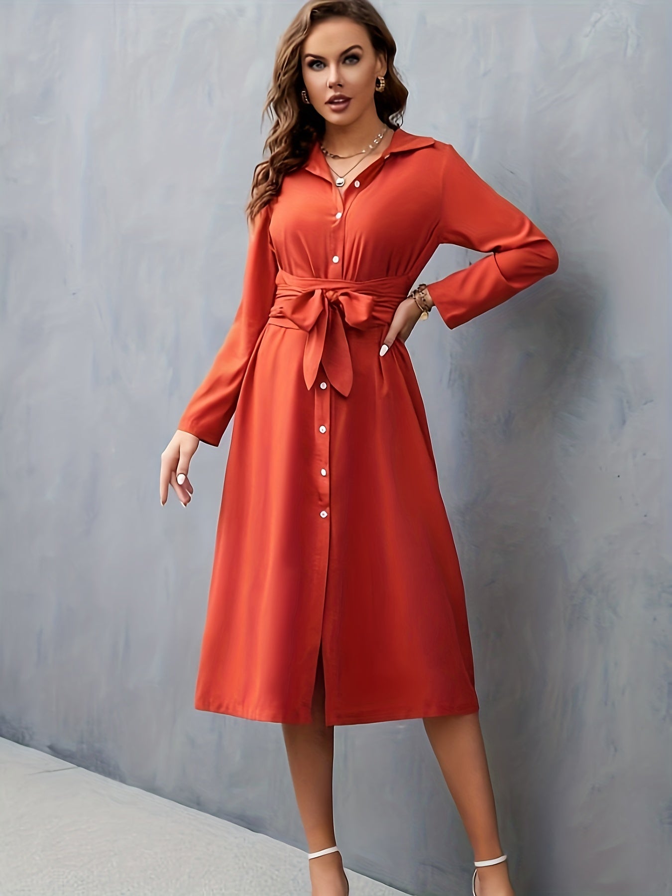 Solid Button Front Belted Dress, Elegant Long Sleeve Slim Dress, Women's Clothing