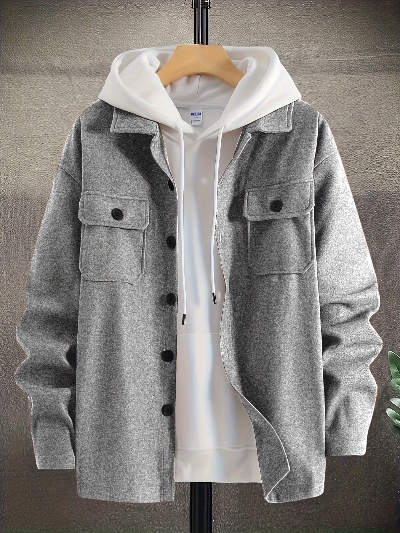 gbolsos Fashionable And Trendy Men's Solid Shirt Lapel Button Long Sleeve Woolen Shirt Jacket, Suitable For Winter And Autumn