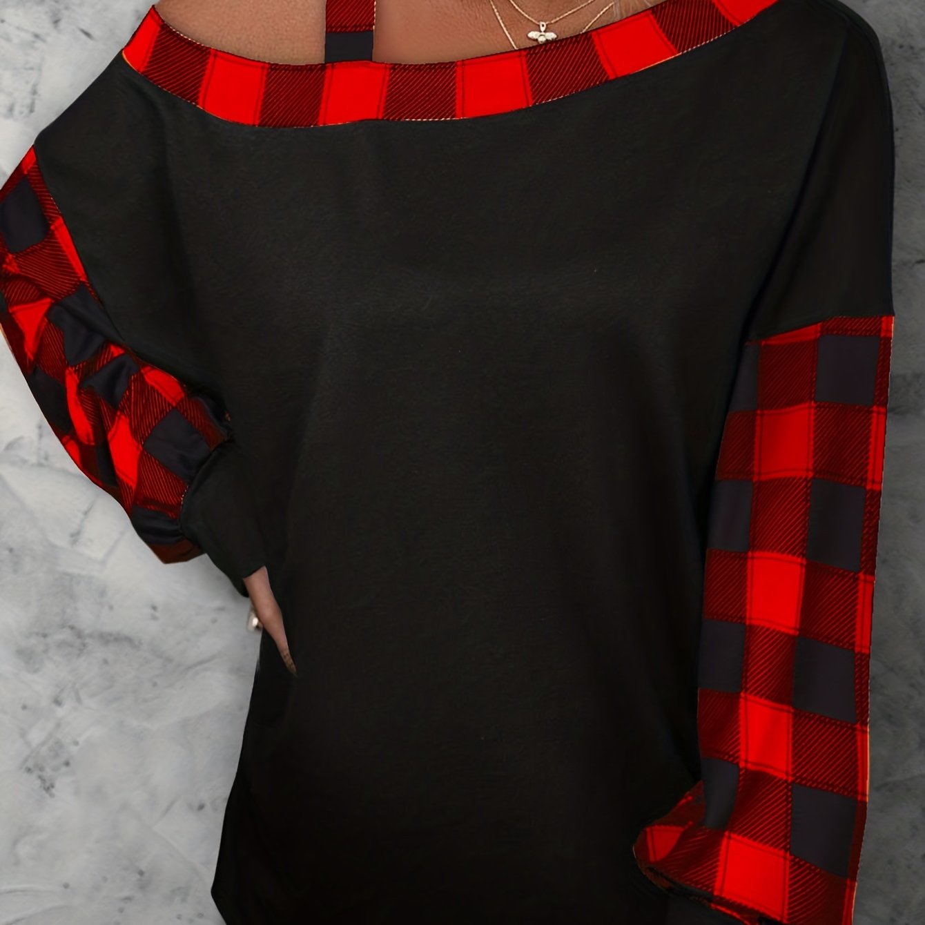 Plus Size Casual Top, Women's Plus Colorblock Gingham Print One Shoulder Long Sleeve Top