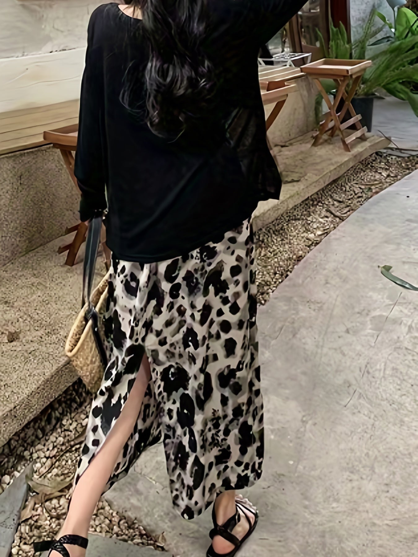 gbolsos Leopard Print Split Mid Skirt, Casual High Waist Skirt For Spring & Summer, Women's Clothing