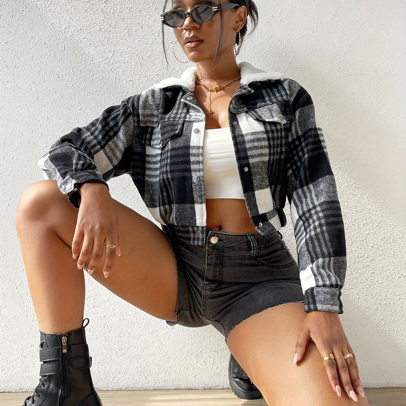 gbolsos Button Plaid Faux Fur Collar Jacket, Casual Long Sleeve Crop Jacket For Fall & Winter, Women's Clothing