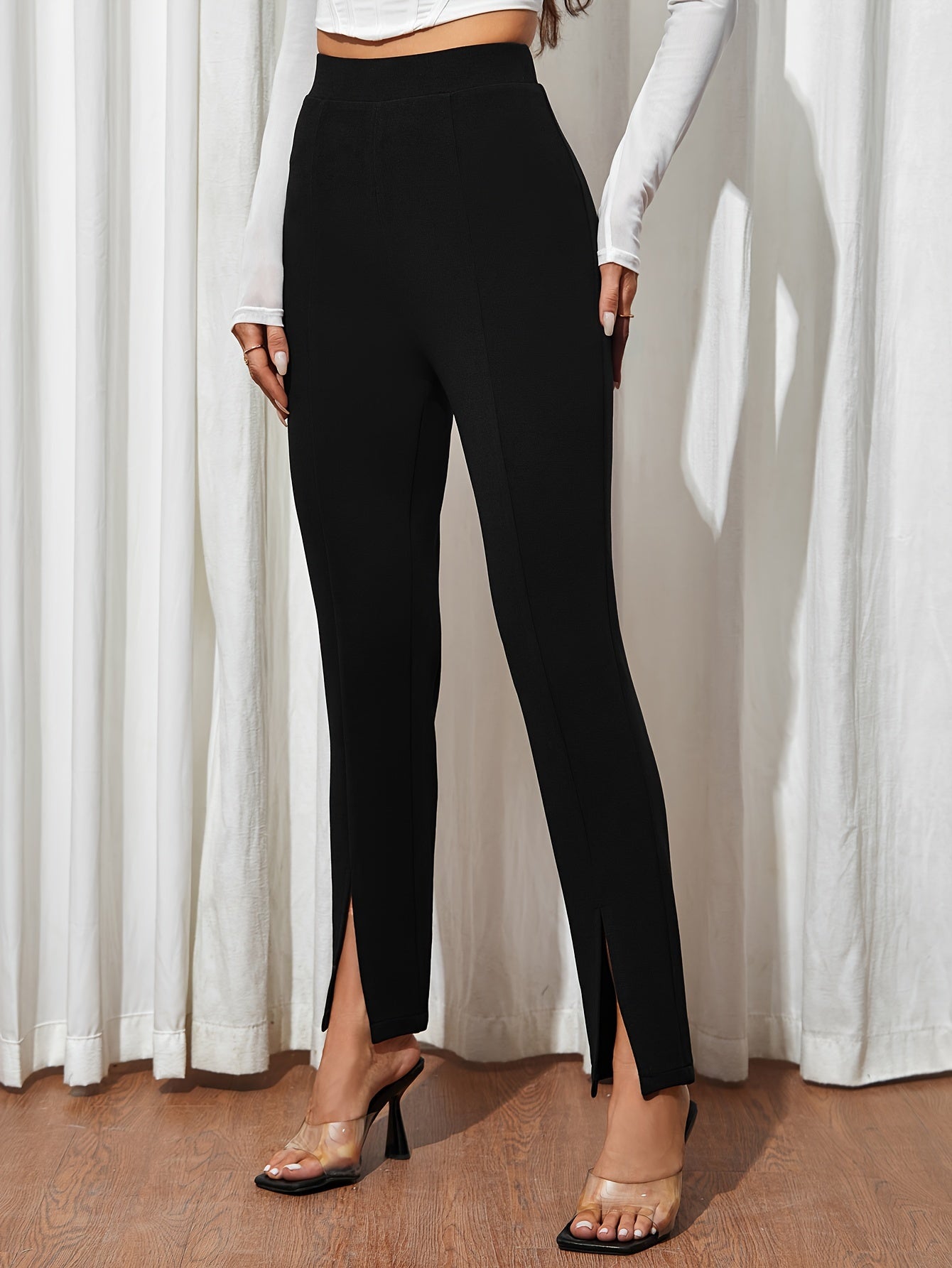 gbolsos Solid Slim Slit Hem Pants, Elegant Pants For Spring & Fall, Women's Clothing
