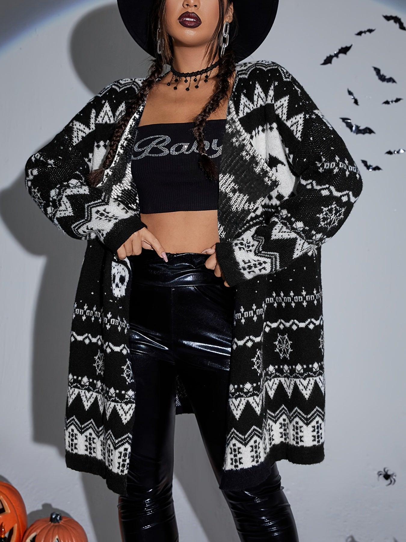 gbolsos Plus Size Halloween Retro Cardigan, Women's Plus Skull & Bat Patterned Long Sleeve Open Front Sweater Cardigan