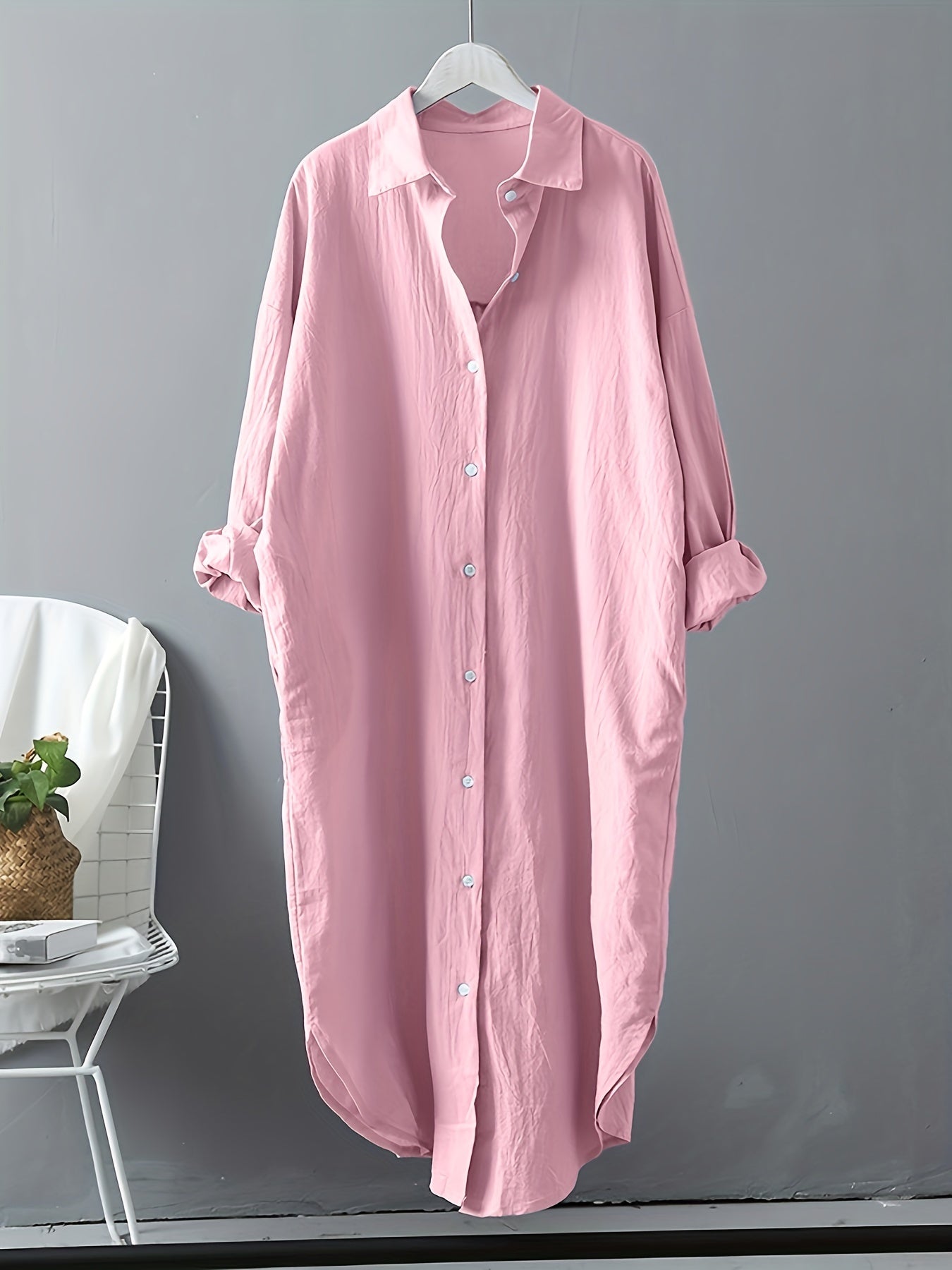 gbolsos Loose Long Sleeve Solid Lapel Shirt, Casual Medium Longline Button Shirt, Women's Clothing