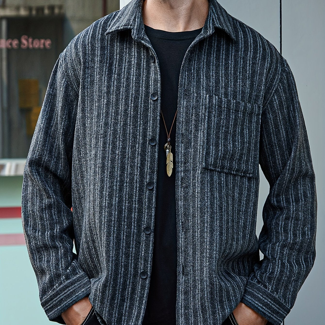 gbolsos Various Pattern Men's Casual Long Sleeve Lapel Shirt, Men's Thick Outwear For Fall Winter
