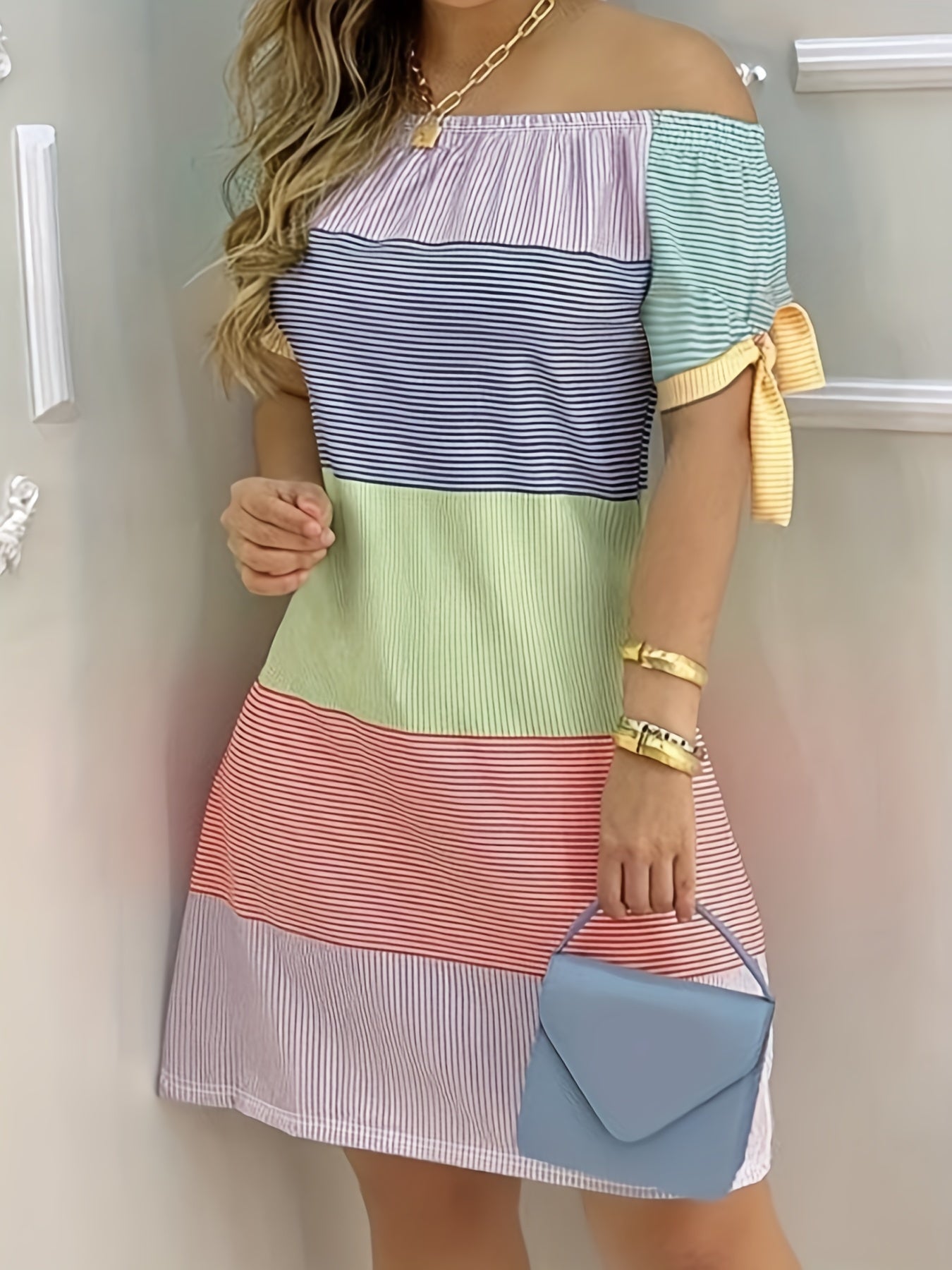 gbolsos Color Block Off Shoulder Dress, Elegant Backless Short Sleeve Dress For Spring & Summer, Women's Clothing