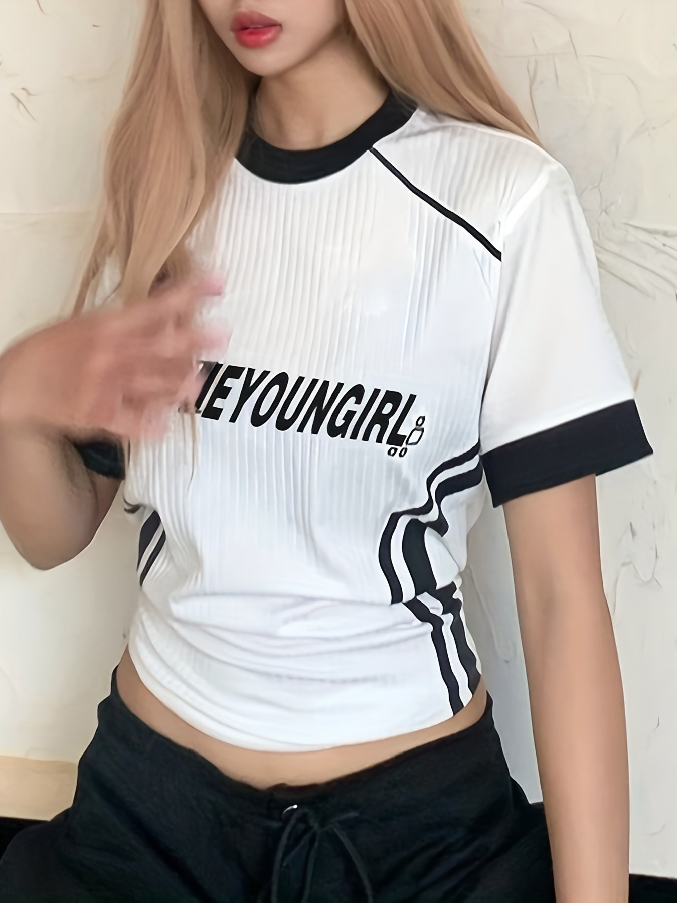 gbolsos Street Letter Printing Casual T-shirt, Fashion Contrast Color Striped Short Sleeves, Women's Summer Tops