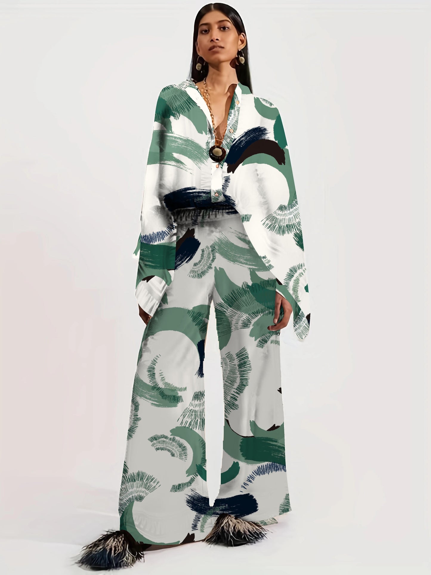 gbolsos Vacation Ethnic Print Two-piece Set, Long Sleeve Button Front Blouse & High Waist Wide Leg Pants Outfits, Women's Clothing