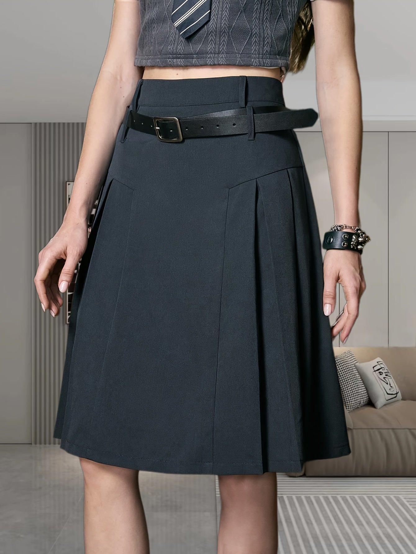 gbolsos Solid High Waist Pleated Skirt, Casual Knee Length Fashion Suit Skirt, Women's Clothing