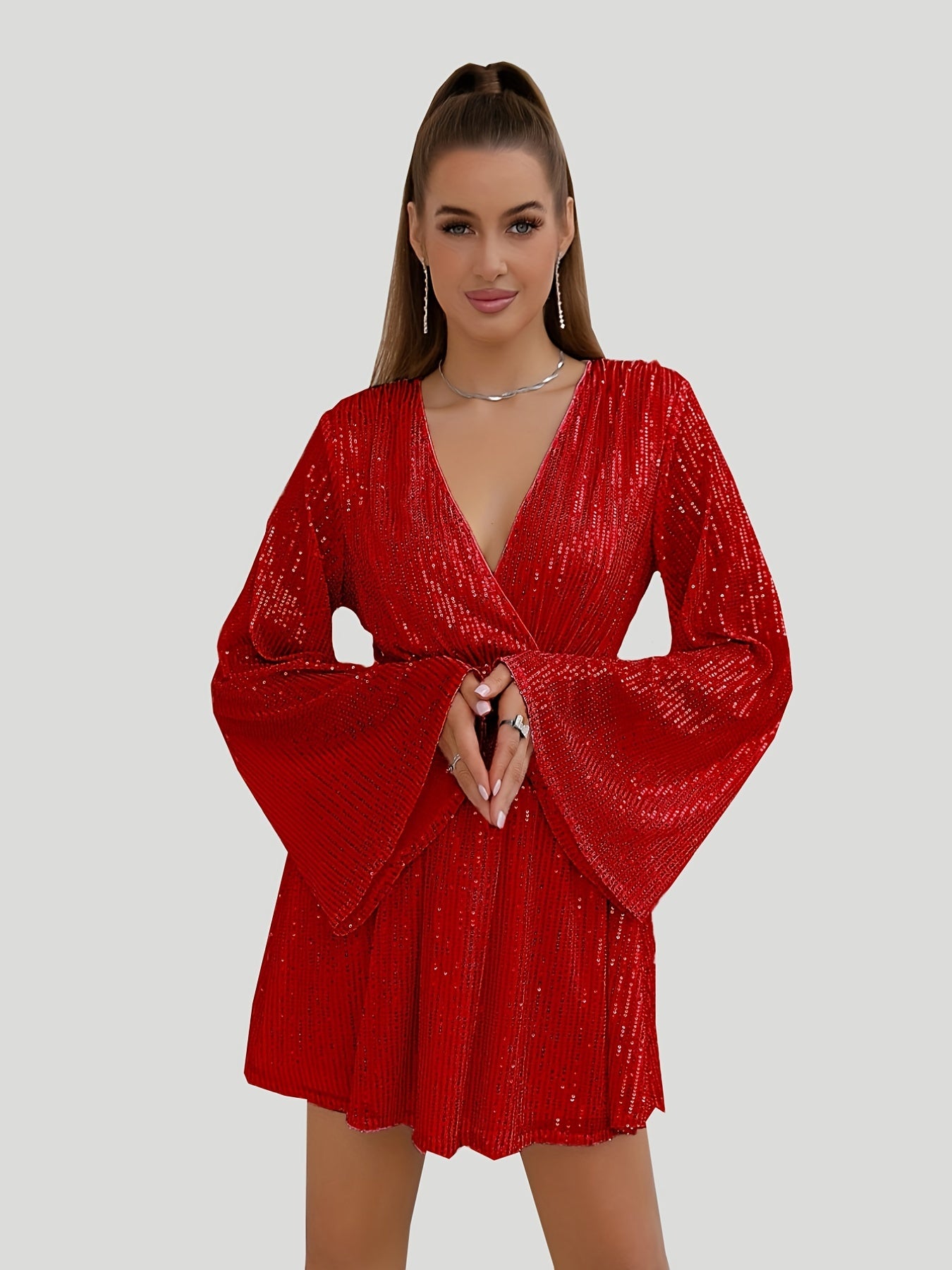 Homecoming Sequined Flare Sleeve V-neck Dress, Elegant Midi Dress For Club & Party, Women's Clothing