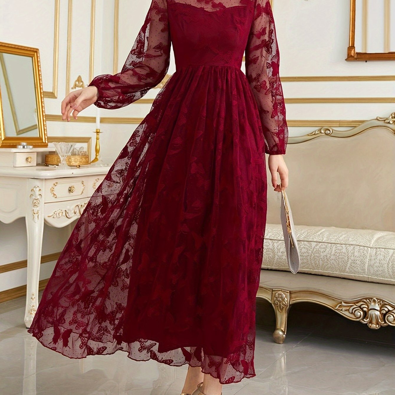 gbolsos Contrast Lace Crew Neck A-line Dress, Elegant Long Sleeve Dress For Party & Banquet, Women's Clothing