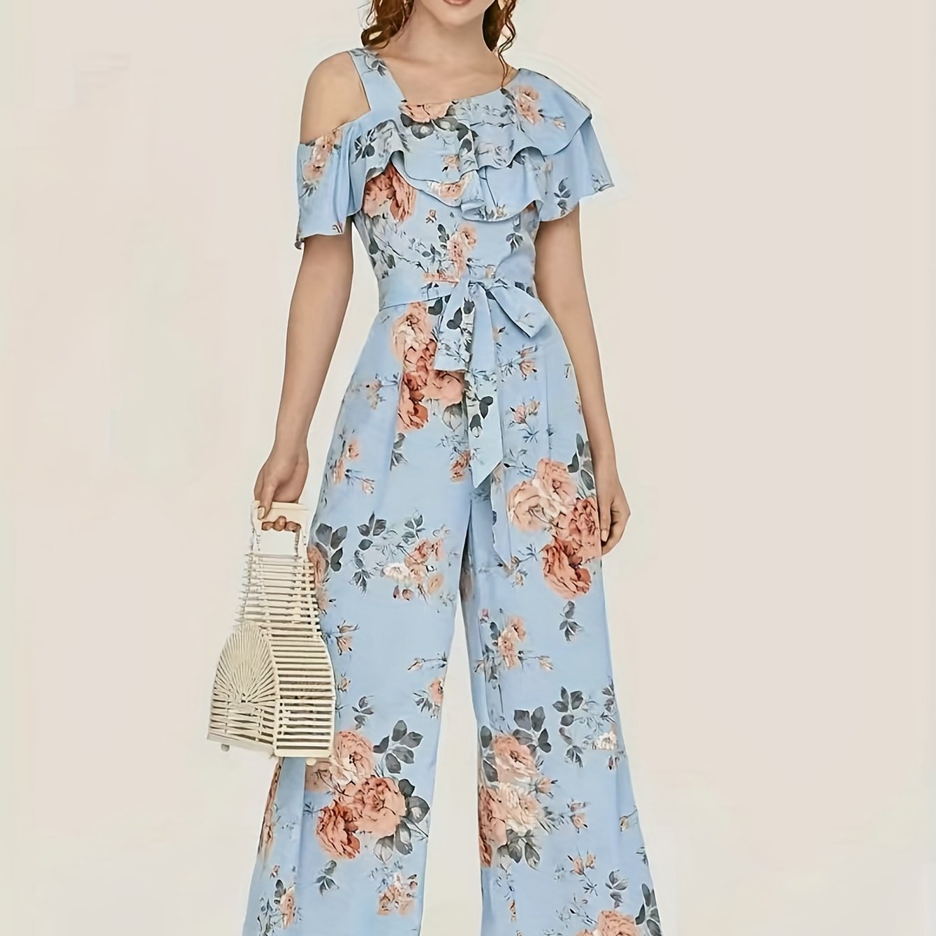 elveswallet Floral Print Wide Leg Jumpsuit, Boho Ruffle Layered Hem Jumpsuit For Spring & Summer, Women's Clothing