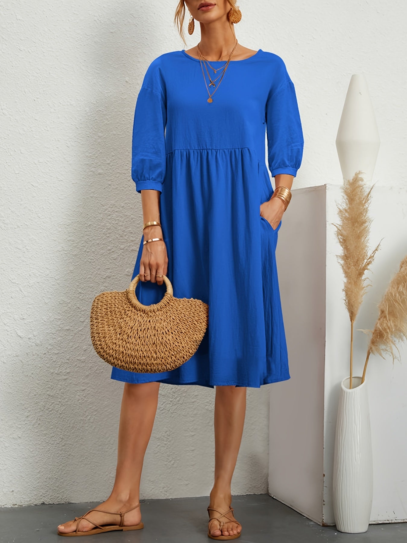 Lantern Sleeve Pocket Dress, Casual Crew Neck Half Sleeve Dress, Women's Clothing