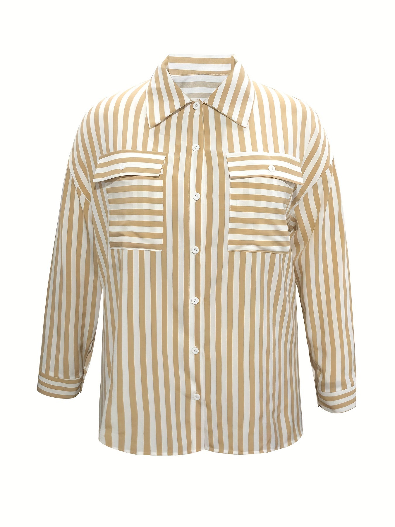 solvbao Plus Size Casual Blouse, Women's Plus Stripe Print Long Sleeve Button Up Blouse With Flap Pockets