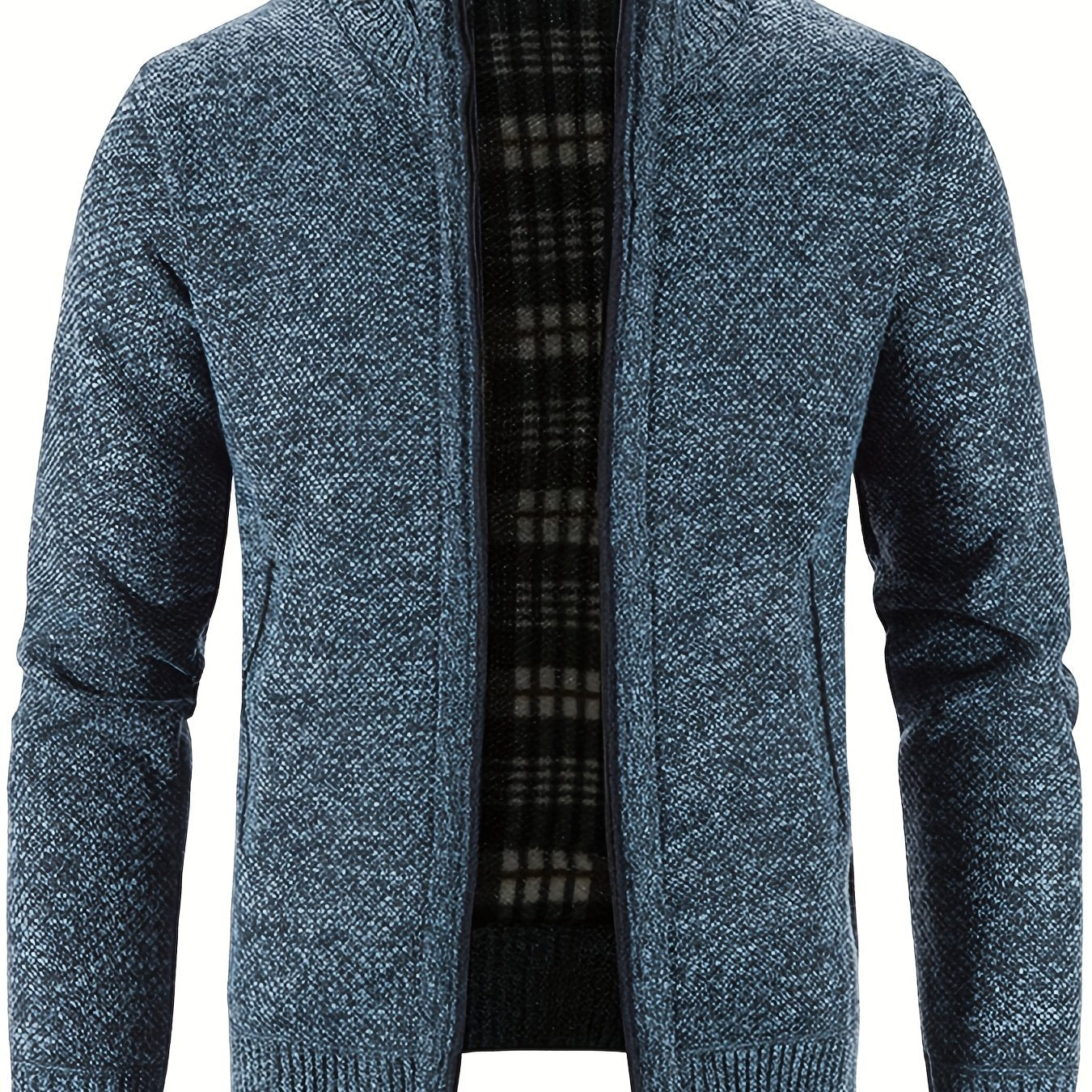 gbolsos Warm Stand Collar Fleece Jacket, Men's Semi-formal Comfortable Solid Color Zip Up Knitted Cardigan For Spring Fall