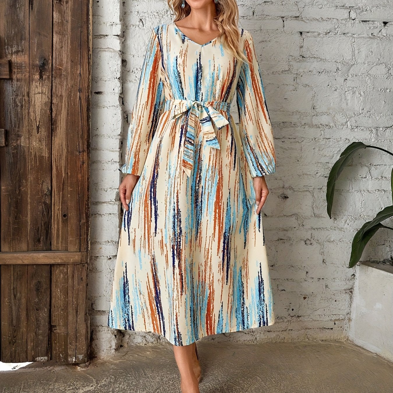 gbolsos Abstract Print Midi Dress, Casual V Neck Long Sleeve Dress, Women's Clothing