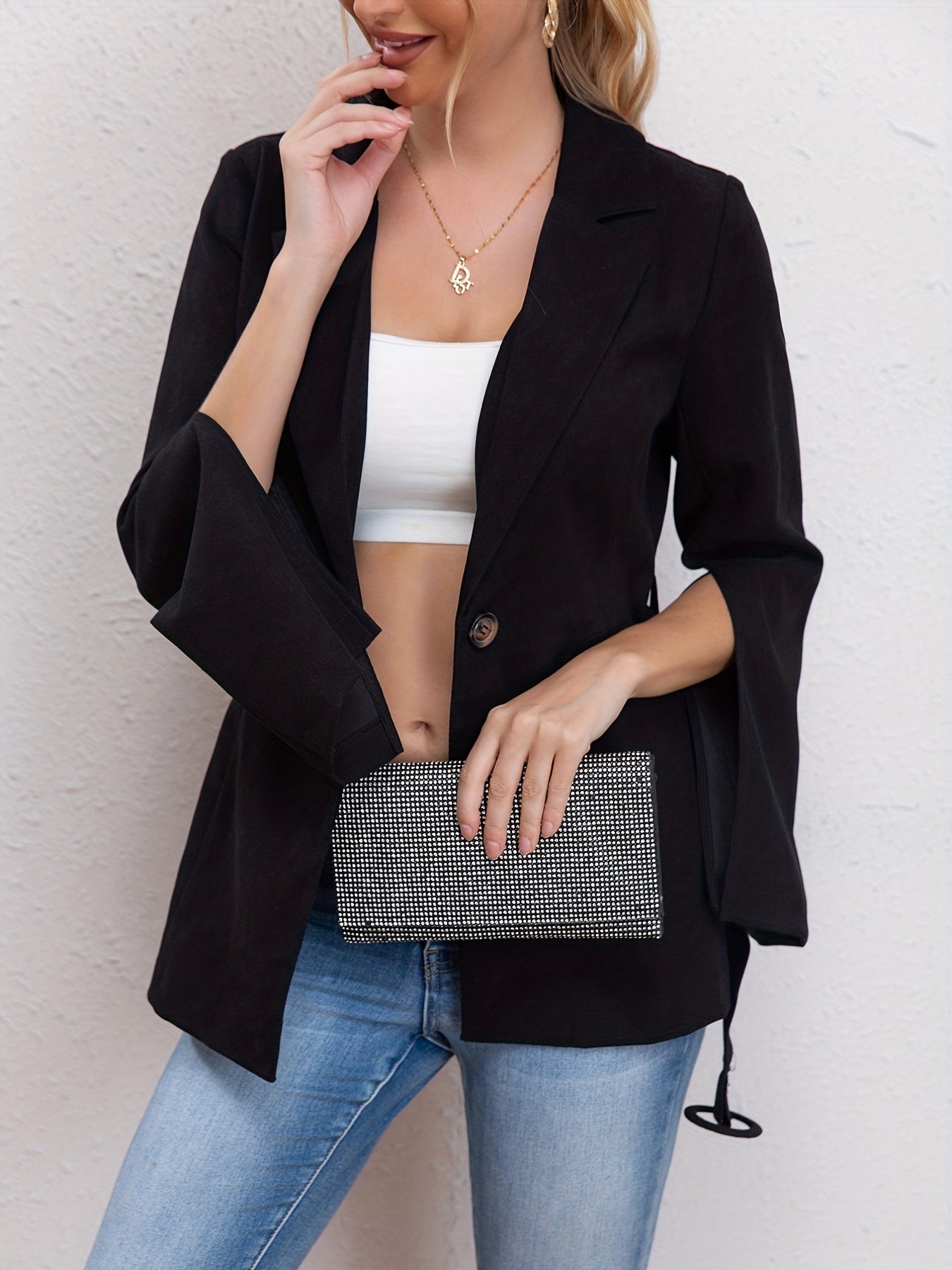 gbolsos Split Long Sleeve Lapel Blazer, Elegant Open Front Work Outerwear, Women's Clothing