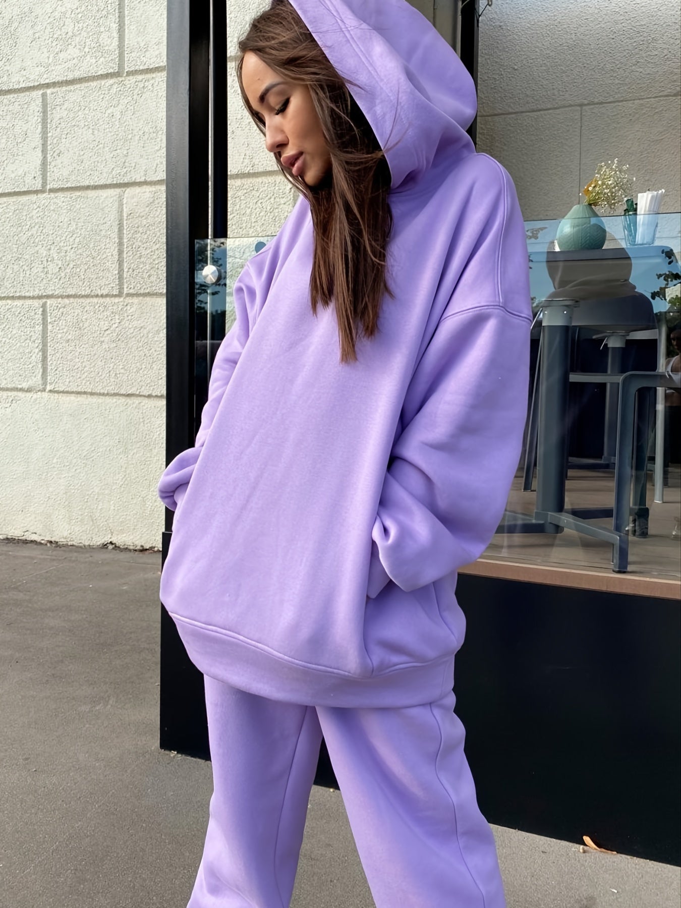 gbolsos Casual Sporty Two-piece Set, Pocket Hoodie Sweatshirt & Elastic High Waist Sweatpants Outfits, Women's Clothing