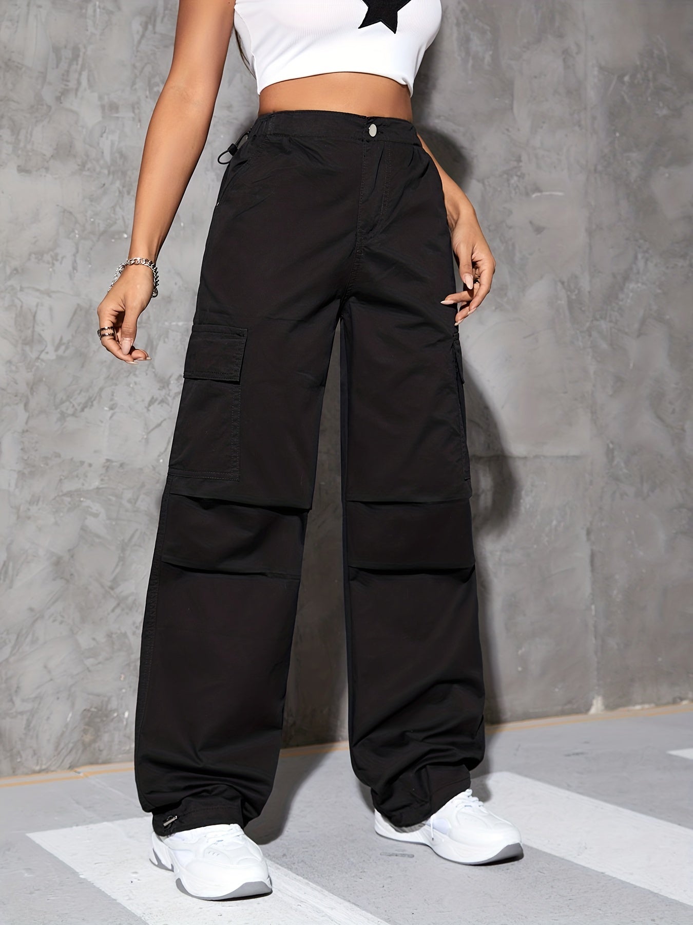 gbolsos Plain Drawstring Casual Cargo Pants, Loose Fit Flap Pockets Parachute Pants, Women's Denim Jeans & Clothing