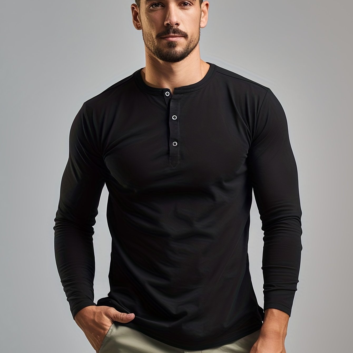 gbolsos Retro Style Men's Solid Long Sleeve Henry Tee, Men's Casual Comfy Clothing For Spring Fall
