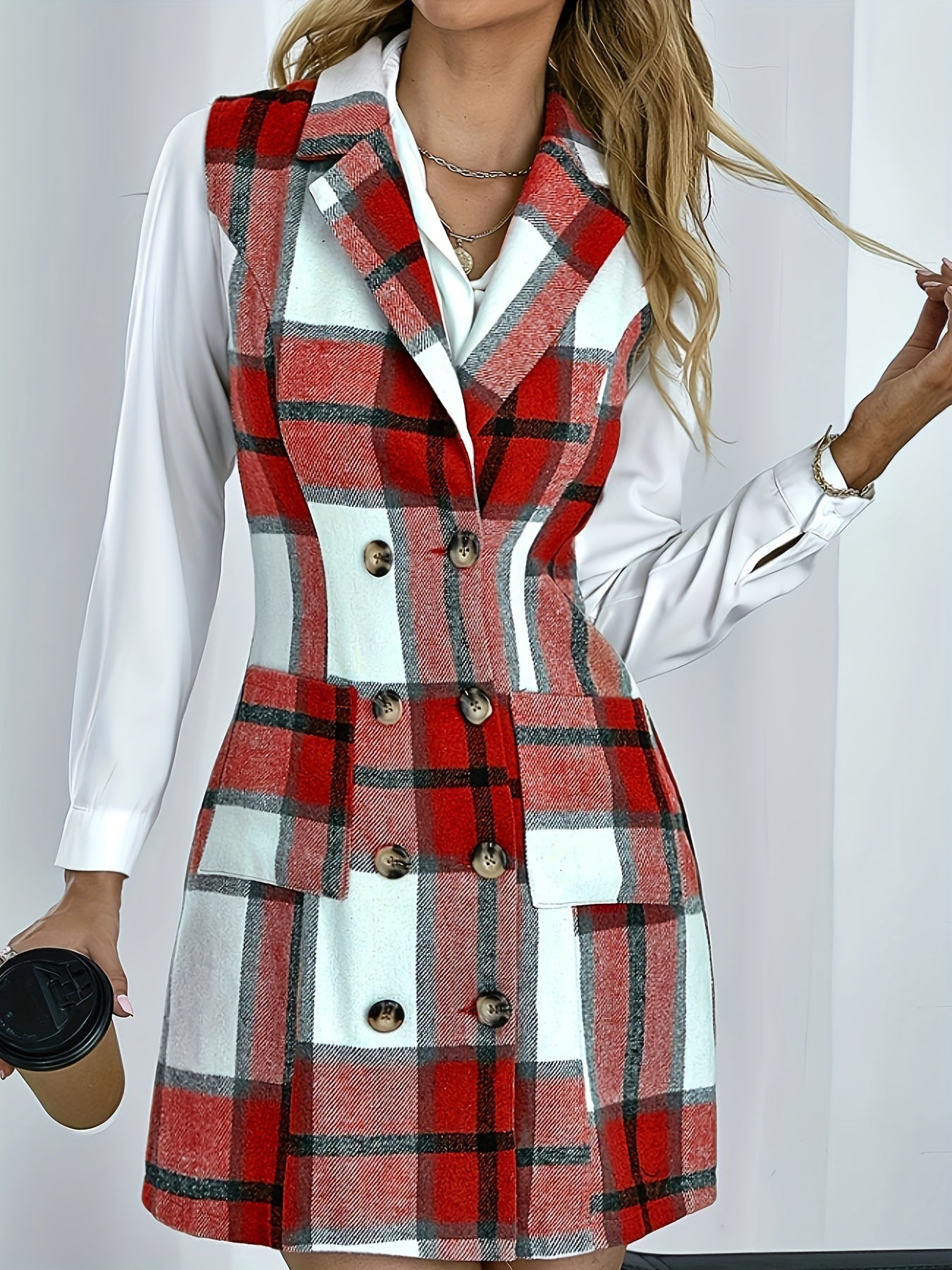 gbolsos Lapel Sleeveless Plaid Cardigan, Mature Double Breasted Button Pockets Mid Length Sweater, Women's Clothing