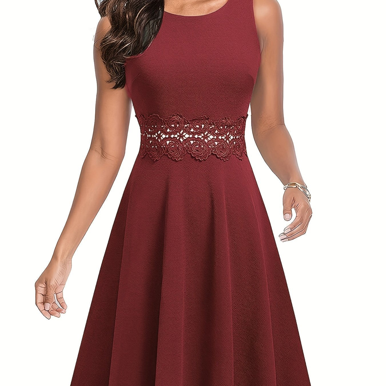gbolsos Lace Stitching Solid Dress, Elegant Sleeveless Crew Neck Pleated Tank Dress, Women's Clothing