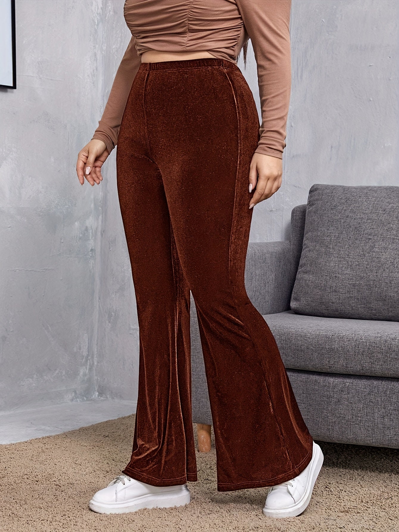 Plus Size Solid Flare Leg Pants, Casual High Waist Pants, Women's Plus Size Clothing