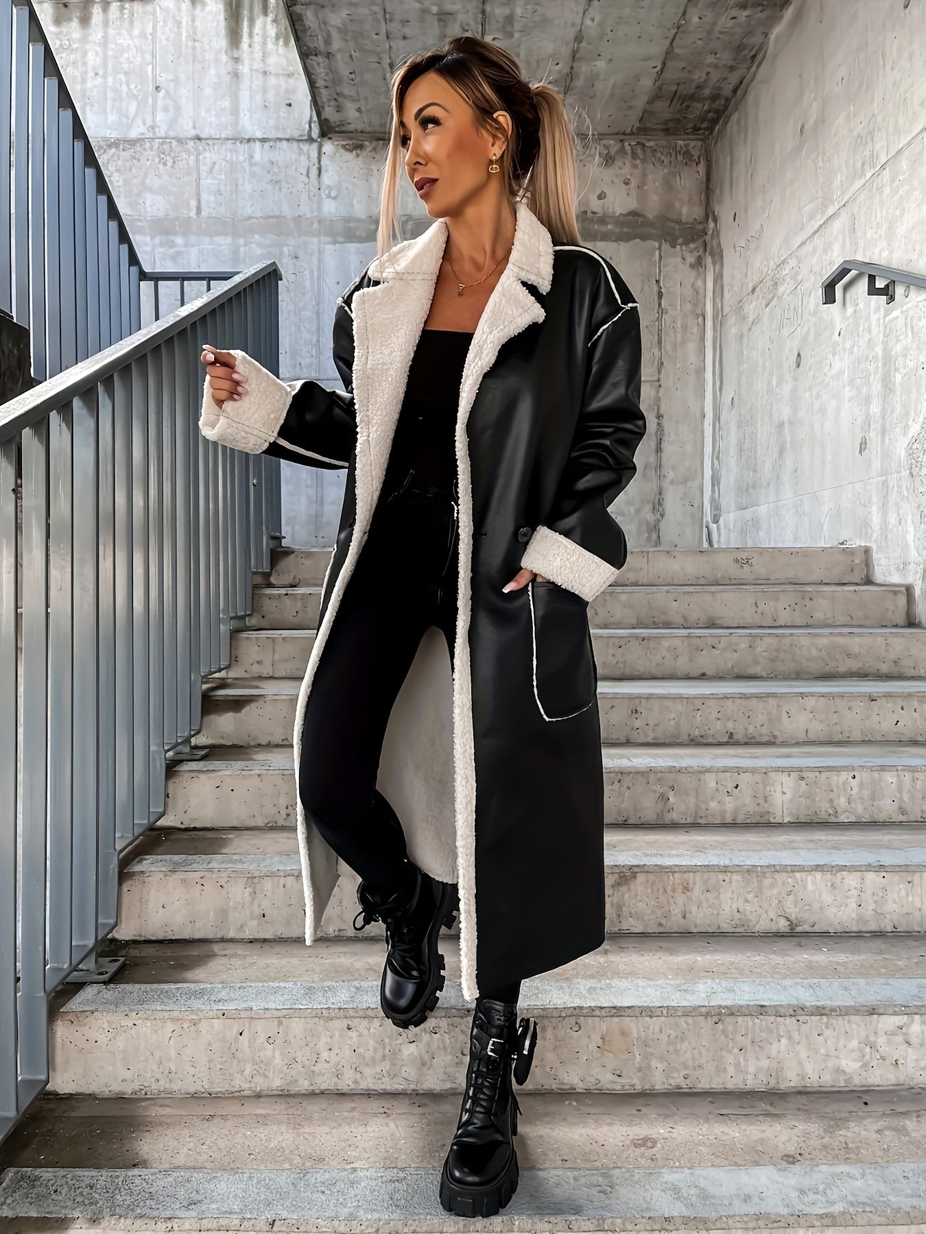 gbolsos Contrast Trim Faux Leather Overcoat, Vintage Lapel Long Sleeve Patched Pockets Belted Overcoat, Women's Clothing