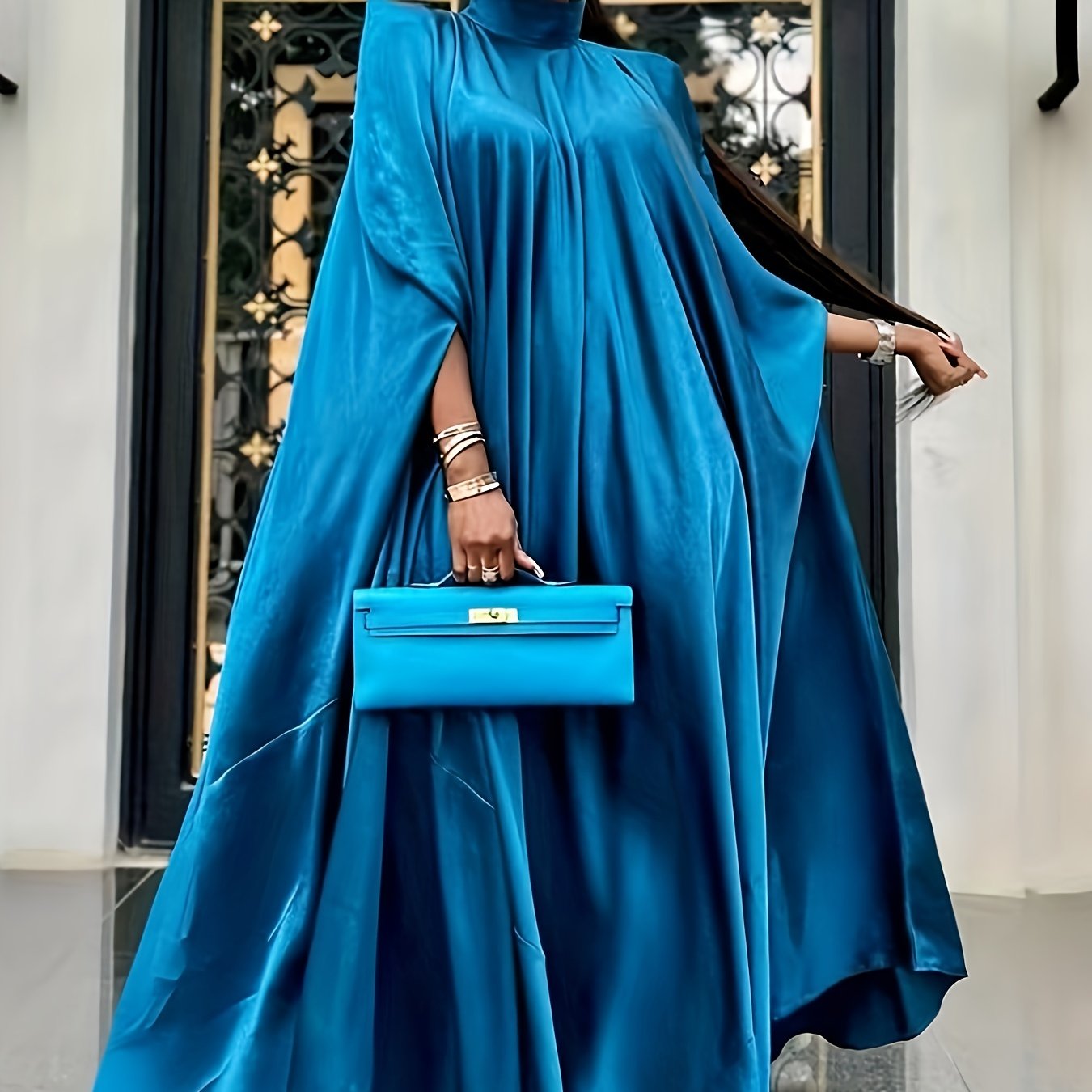 Plus Size Elegant Abaya Dress, Women's Plus Satin Bat Sleeve Mock Neck Maxi Muslim Caftan Dress