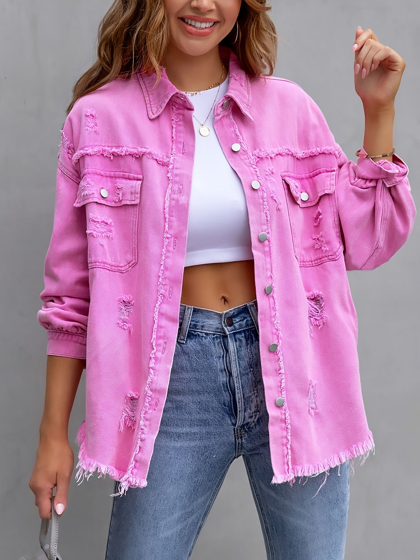 Raw Hem Ripped Distressed Denim Jacket, Flap Pockets Long Sleeves Street Style Single-Breasted Denim Coat, Women's Denim Jeans & Clothing