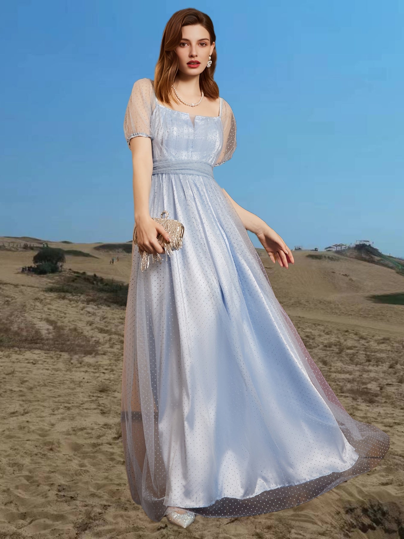 gbolsos Slim Mesh Short Sleeve Dress, Square Neck Bridesmaid Party Guest Evening Gown Dress For Summer & Spring, Women's Clothing