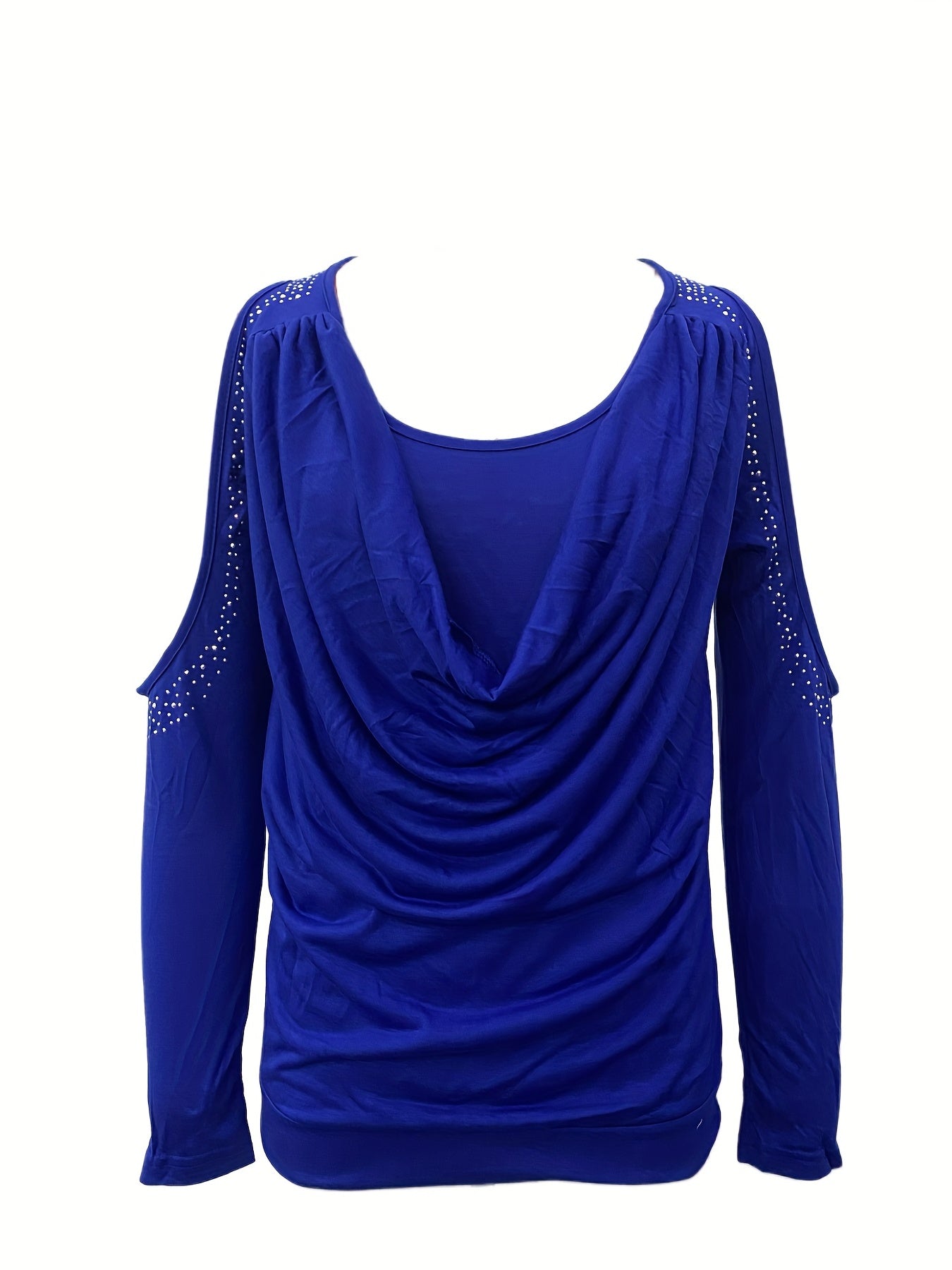 kkboxly Cold Shoulder Rhinestone Decor T-shirt, Sexy Crew Neck Long Sleeve T-Shirt, Women's Clothing
